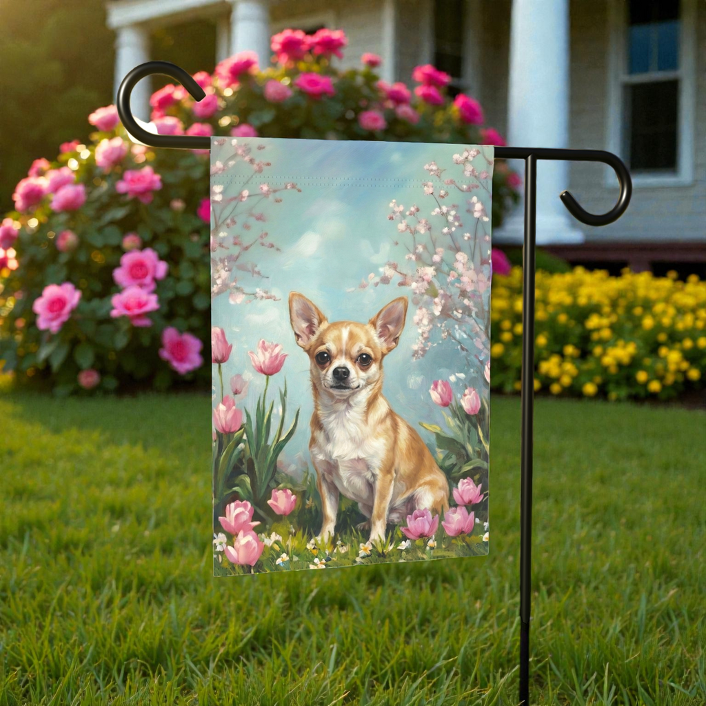 Short Hair Chihuahua in the Tulips Spring Garden Flag - front view - Dragonfire Gardens