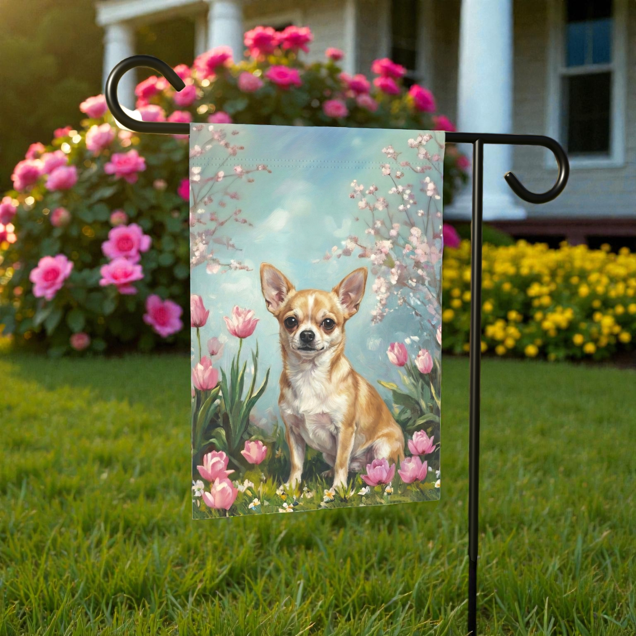 Short Hair Chihuahua in the Tulips Spring Garden Flag - front view - Dragonfire Gardens