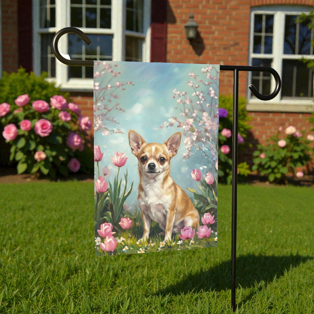 Short Hair Chihuahua in the Tulips Spring Garden Flag - lifestyle display - Dragonfire Gardens