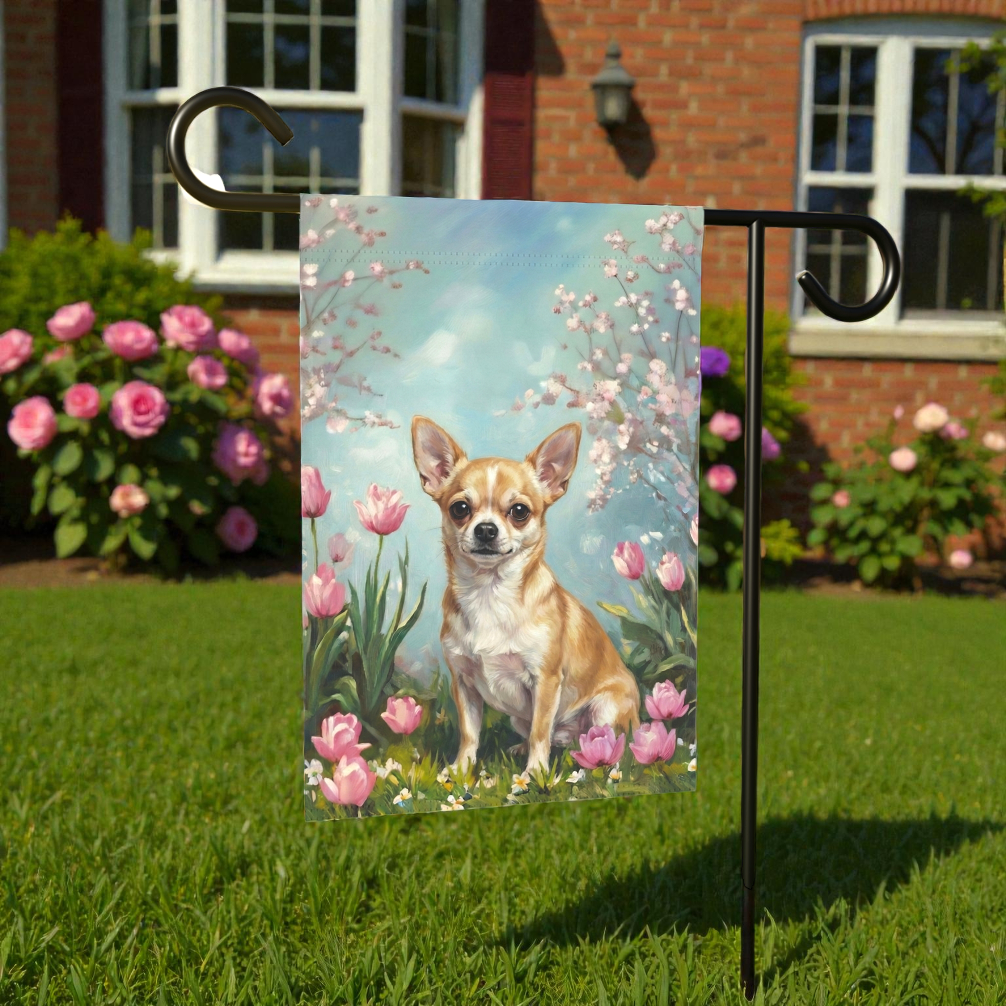 Short Hair Chihuahua in the Tulips Spring Garden Flag - lifestyle display - Dragonfire Gardens