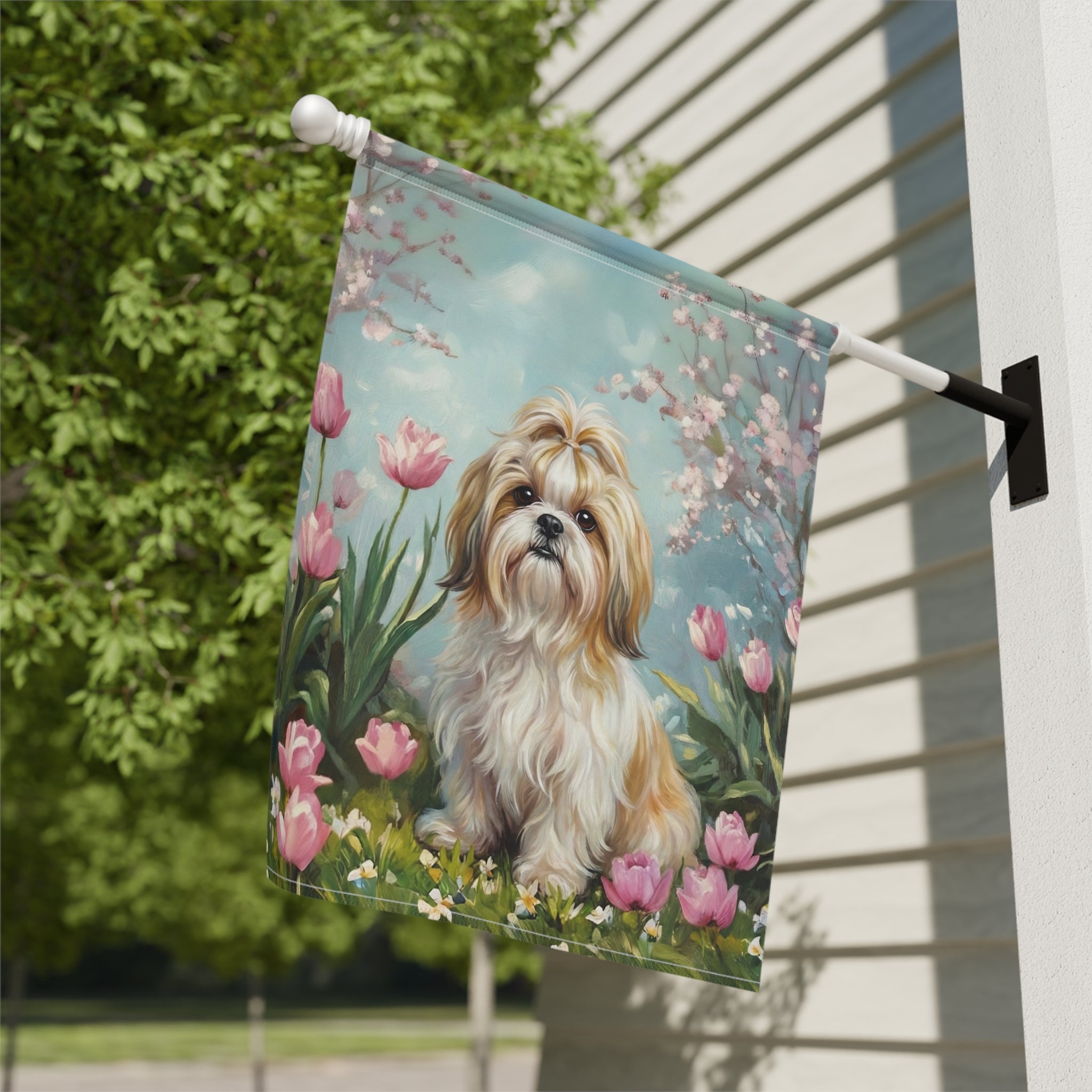 Shih Tzu in the Tulips Spring Garden Flags - close-up detail - Dragonfire Gardens