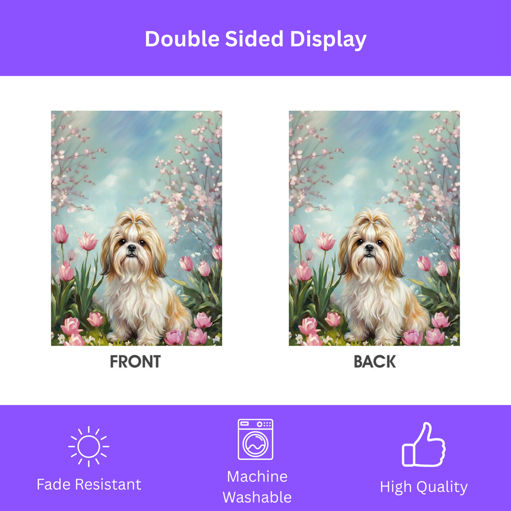 Shih Tzu in the Tulips Spring Garden Flags - double-sided design - Dragonfire Gardens