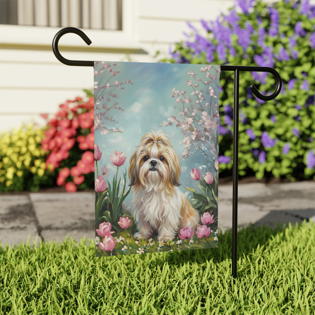 Shih Tzu in the Tulips Spring Garden Flags - outdoor display - Dragonfire Gardens