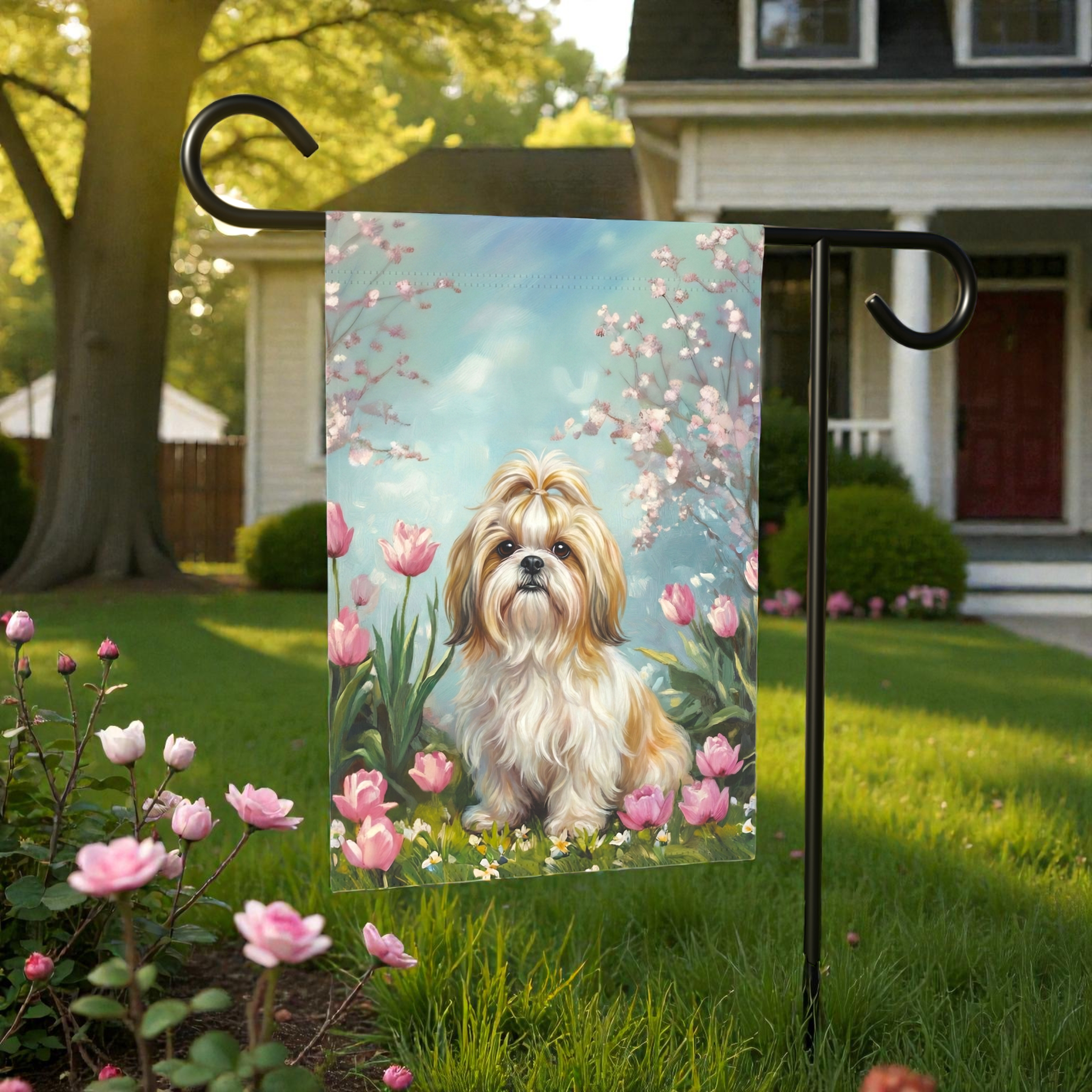 Shih Tzu in the Tulips Spring Garden Flags - product detail - Dragonfire Gardens