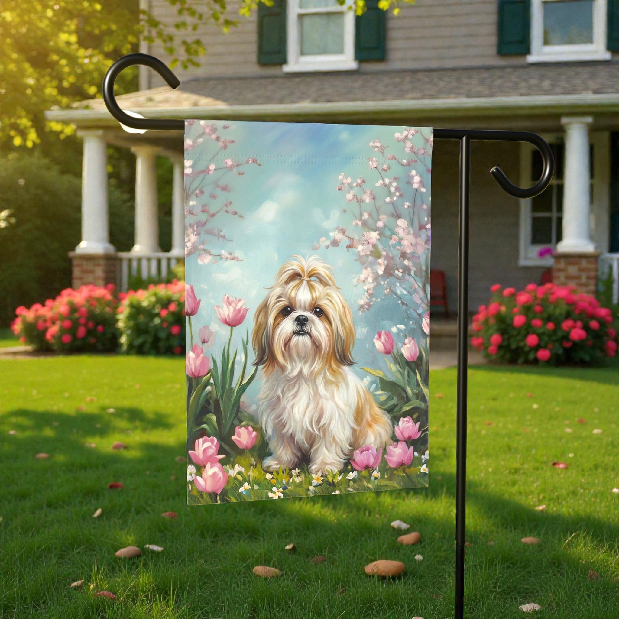 Shih Tzu in the Tulips Spring Garden Flags - size comparison - Dragonfire Gardens