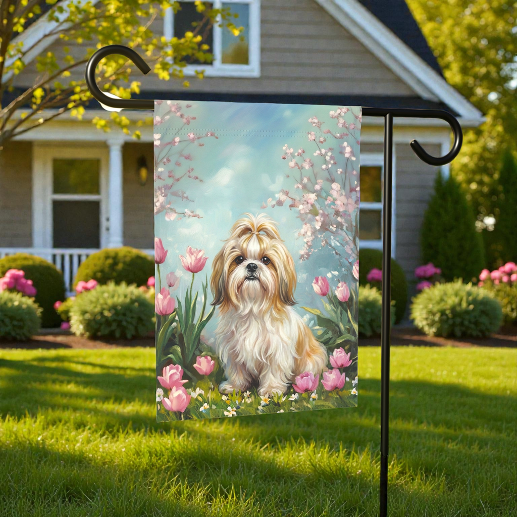 Shih Tzu in the Tulips Spring Garden Flags - lifestyle display - Dragonfire Gardens