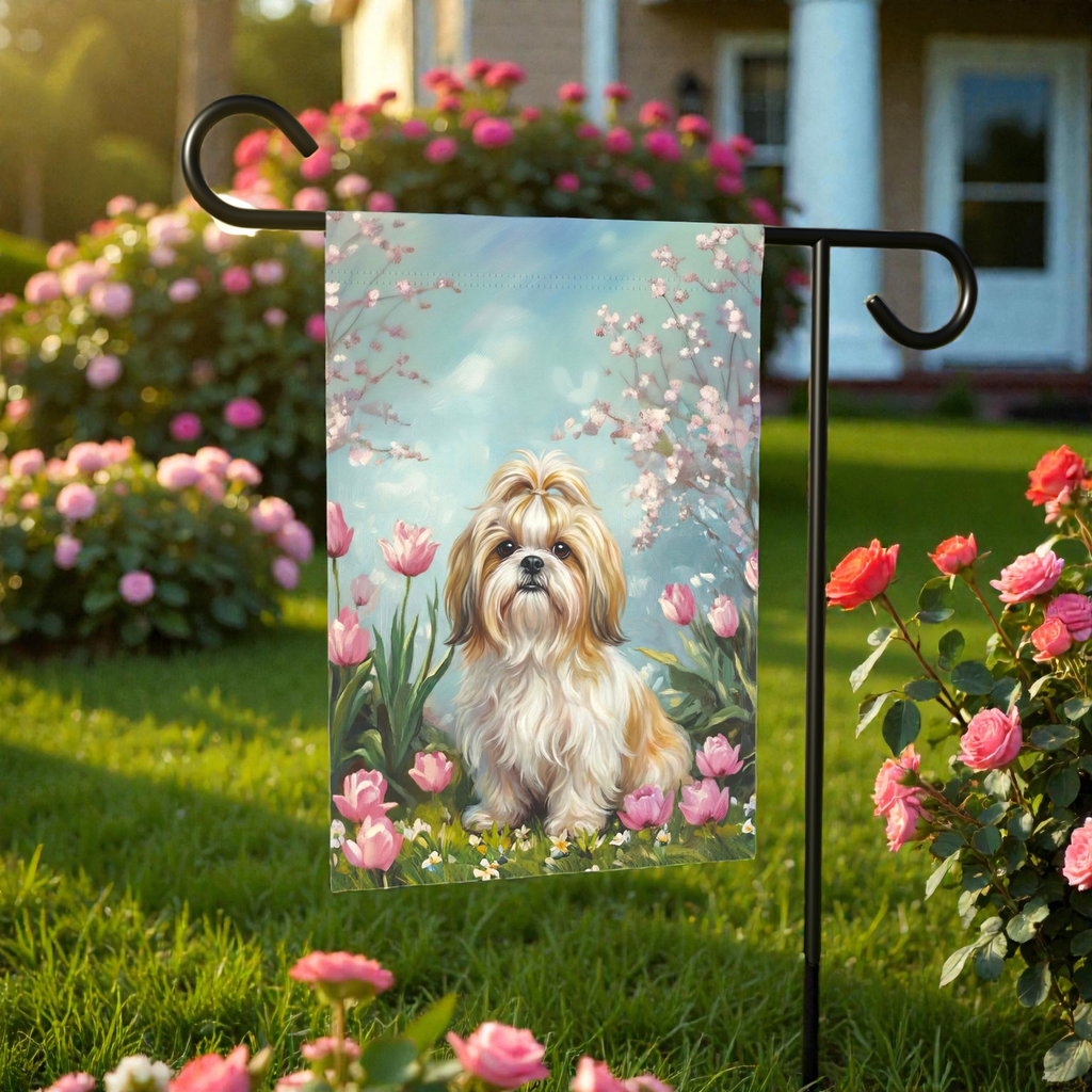 Shih Tzu in the Tulips Spring Garden Flags - front view - Dragonfire Gardens