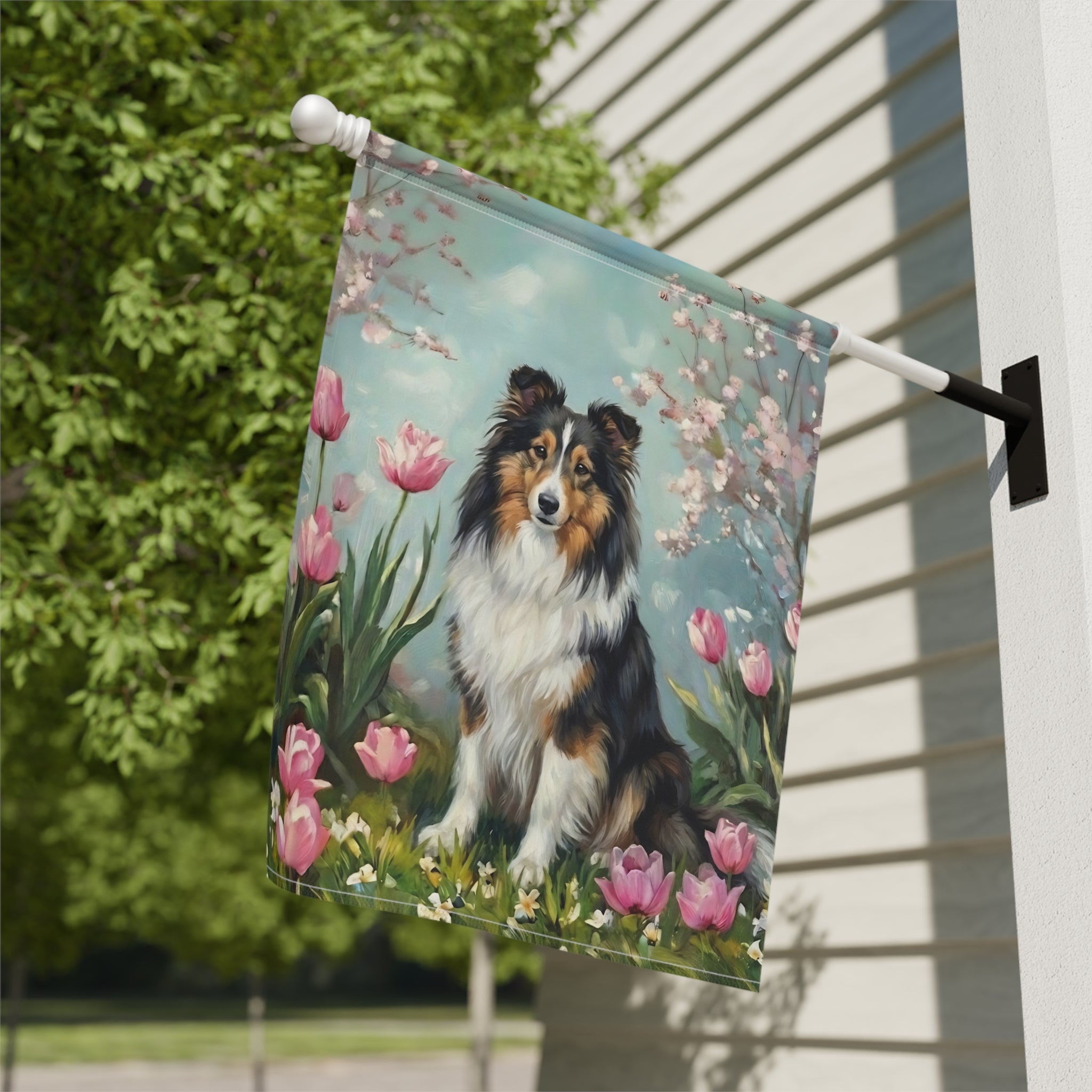 Sheltie in the Tulips Spring Garden Flag - close-up detail - Dragonfire Gardens