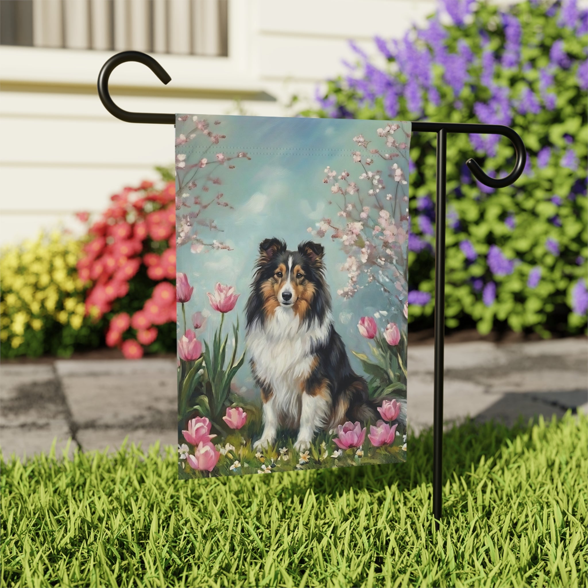 Sheltie in the Tulips Spring Garden Flag - outdoor display - Dragonfire Gardens
