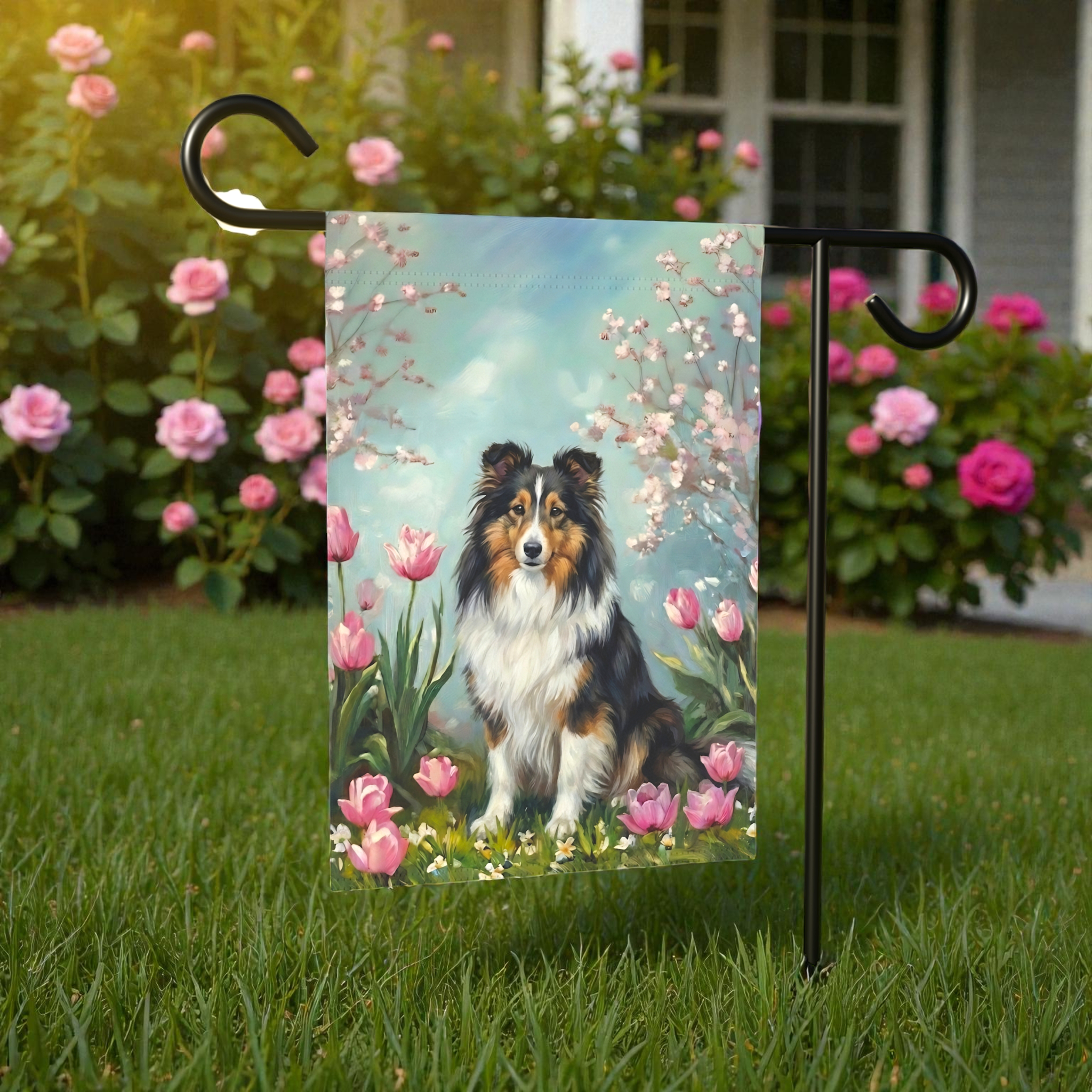 Sheltie in the Tulips Spring Garden Flag - size comparison - Dragonfire Gardens
