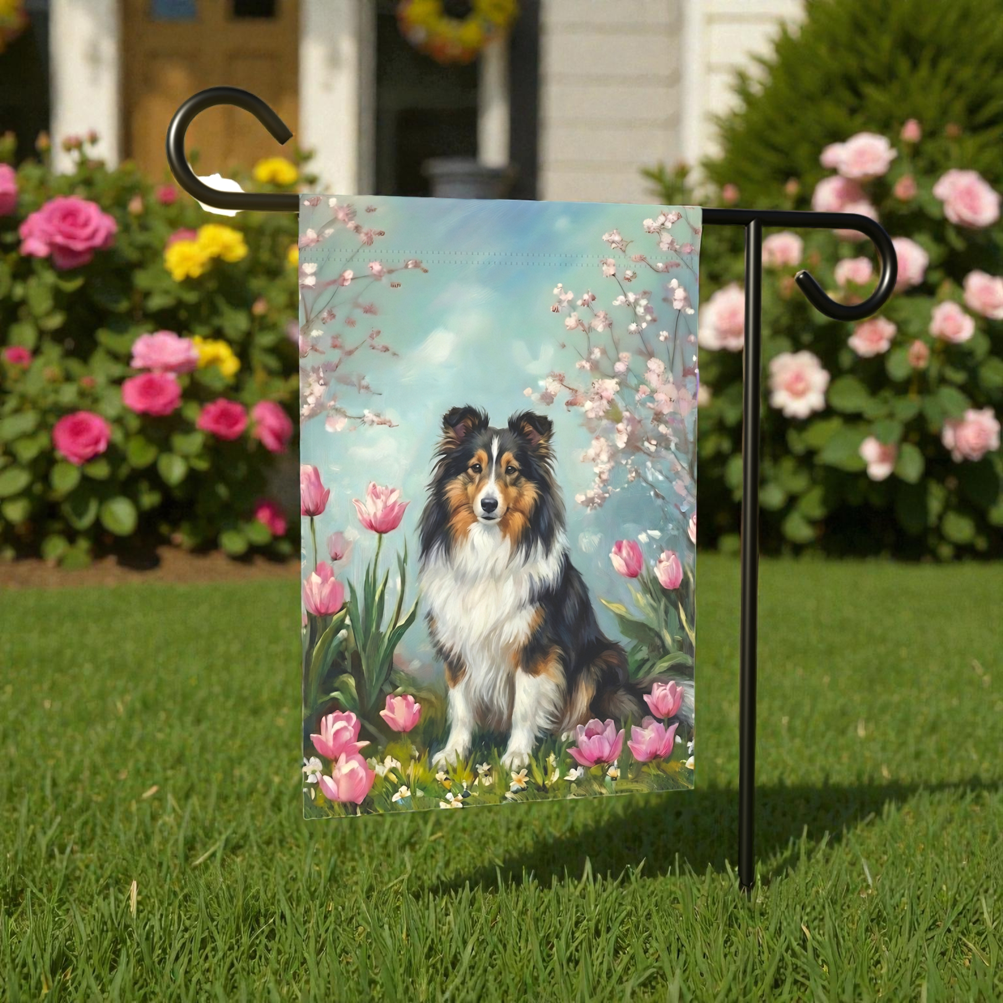 Sheltie in the Tulips Spring Garden Flag - lifestyle display - Dragonfire Gardens