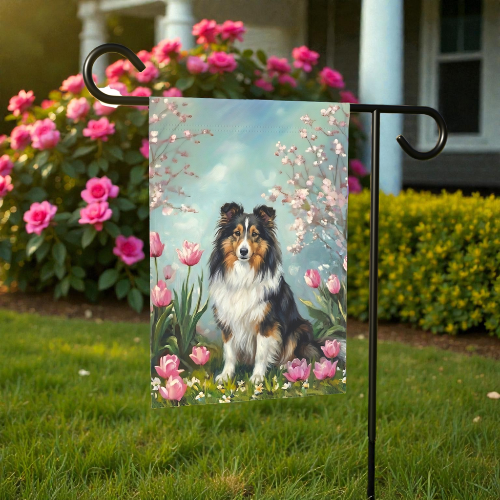 Sheltie in the Tulips Spring Garden Flag - front view - Dragonfire Gardens