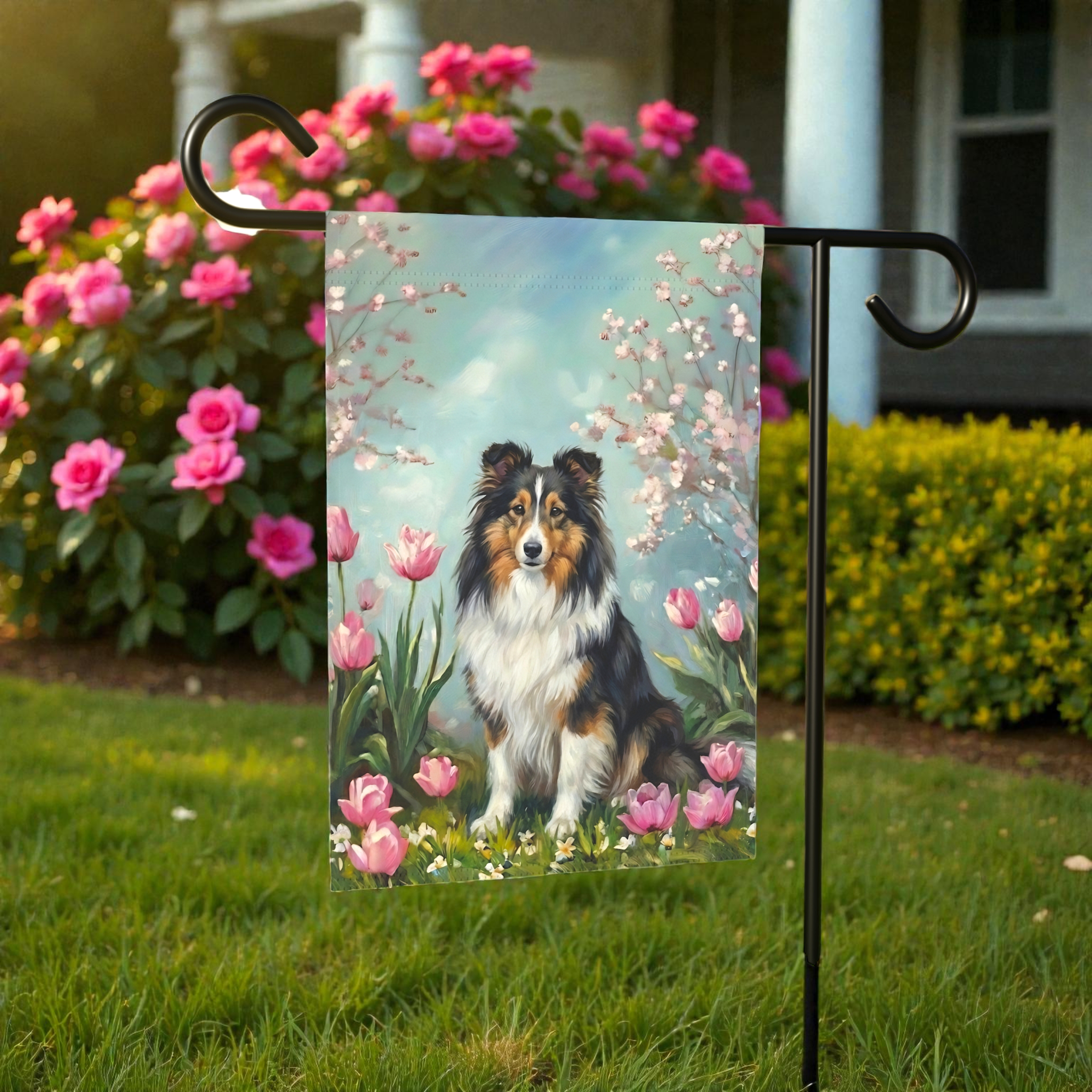 Sheltie in the Tulips Spring Garden Flag - front view - Dragonfire Gardens