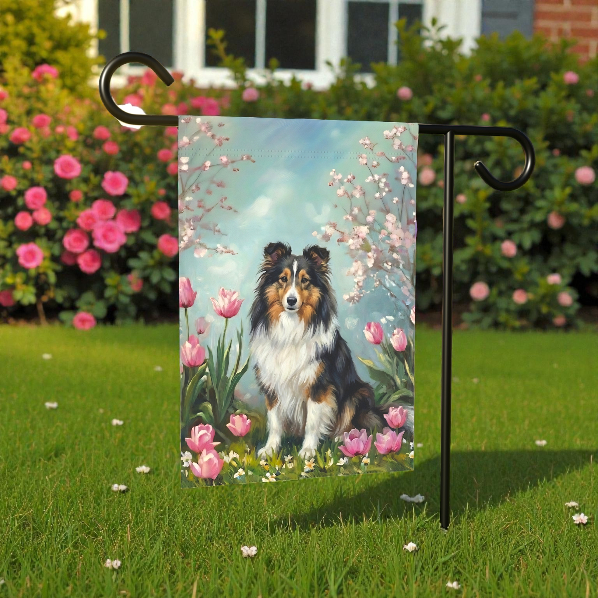 Sheltie in the Tulips Spring Garden Flag - product detail - Dragonfire Gardens