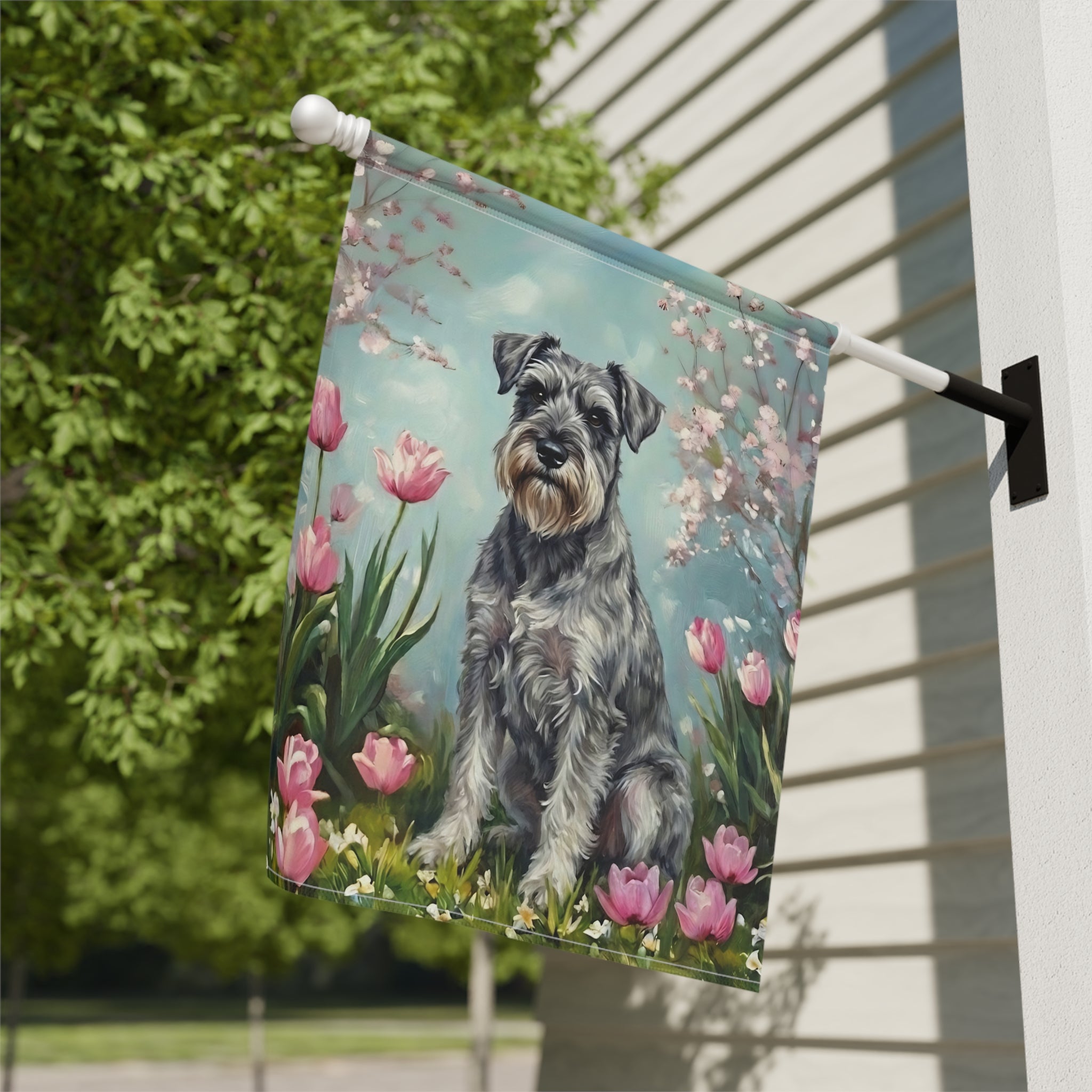 Schnauzer in the Tulips Spring Garden Flag - close-up detail - Dragonfire Gardens
