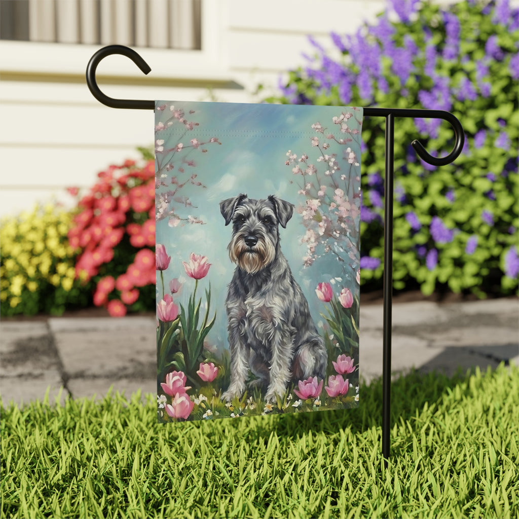 Schnauzer in the Tulips Spring Garden Flag - outdoor display - Dragonfire Gardens