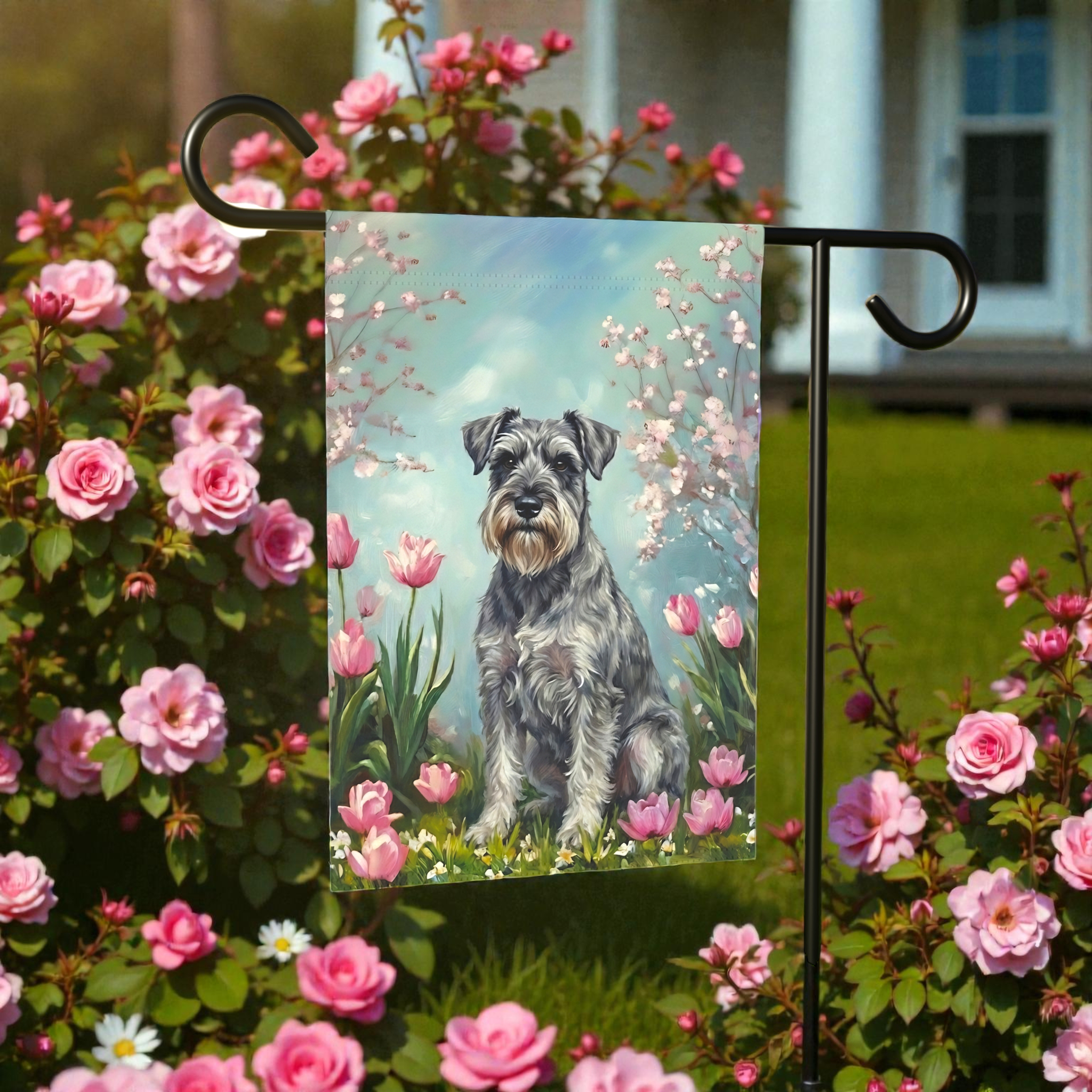 Schnauzer in the Tulips Spring Garden Flag - front view - Dragonfire Gardens