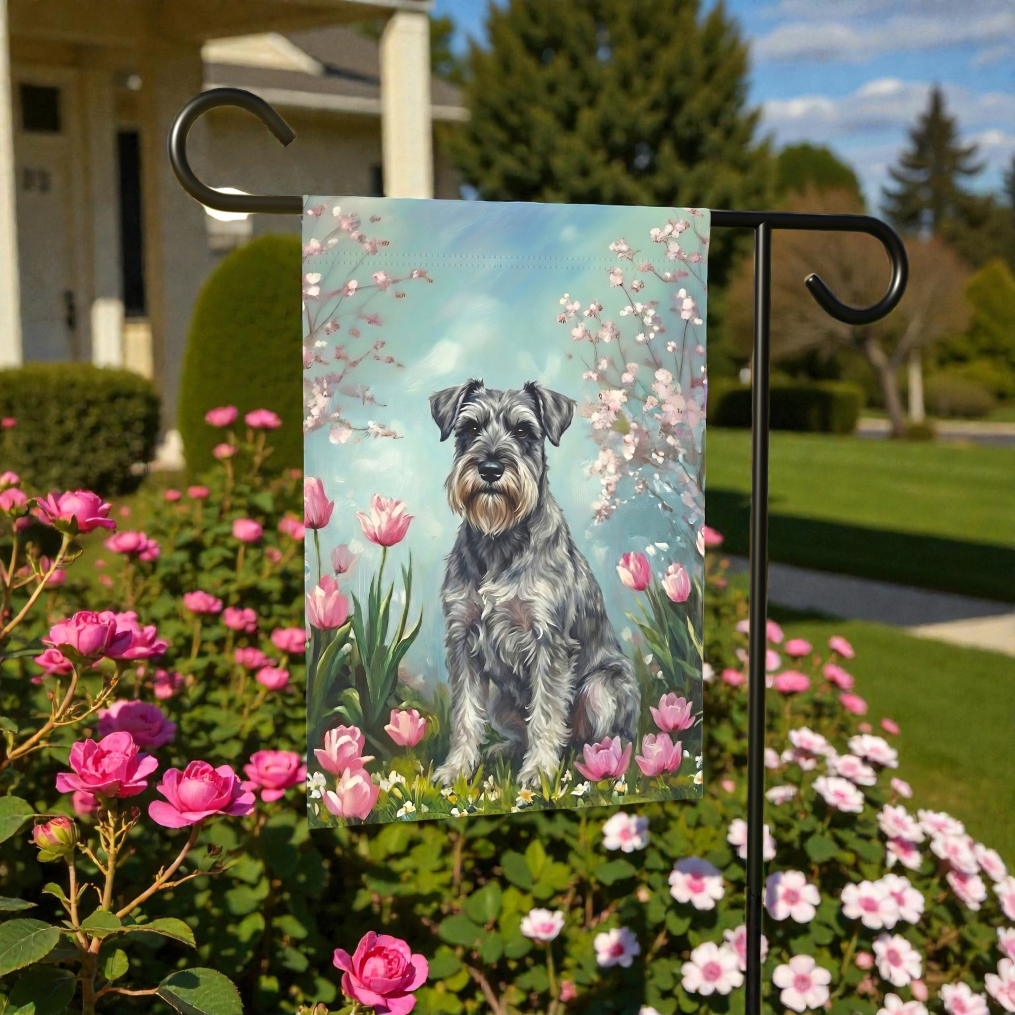 Schnauzer in the Tulips Spring Garden Flag - size comparison - Dragonfire Gardens