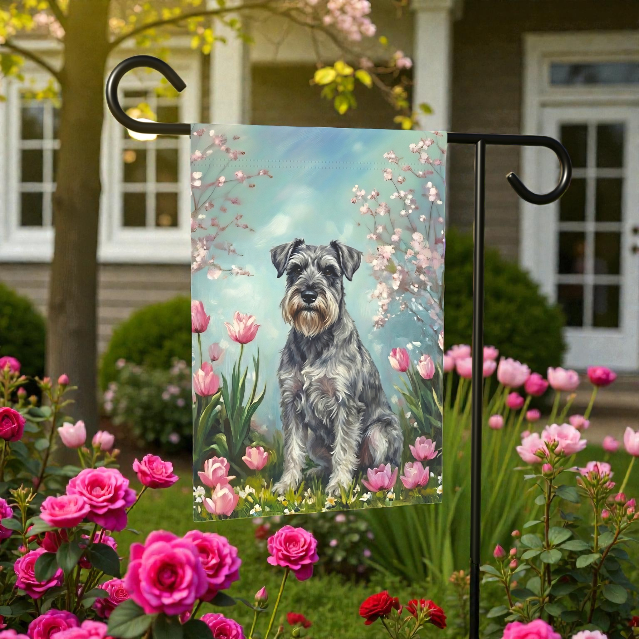 Schnauzer in the Tulips Spring Garden Flag - product detail - Dragonfire Gardens