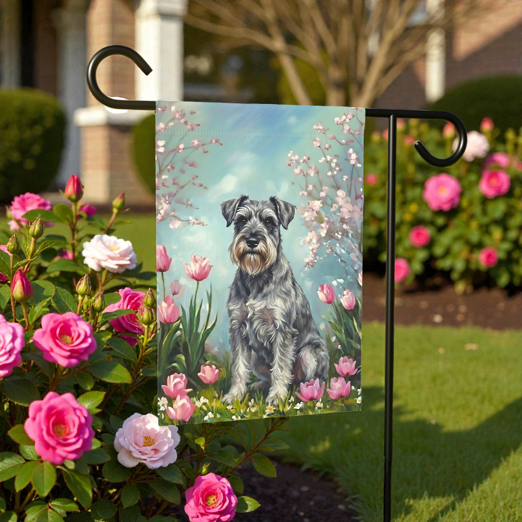 Schnauzer in the Tulips Spring Garden Flag - lifestyle display - Dragonfire Gardens