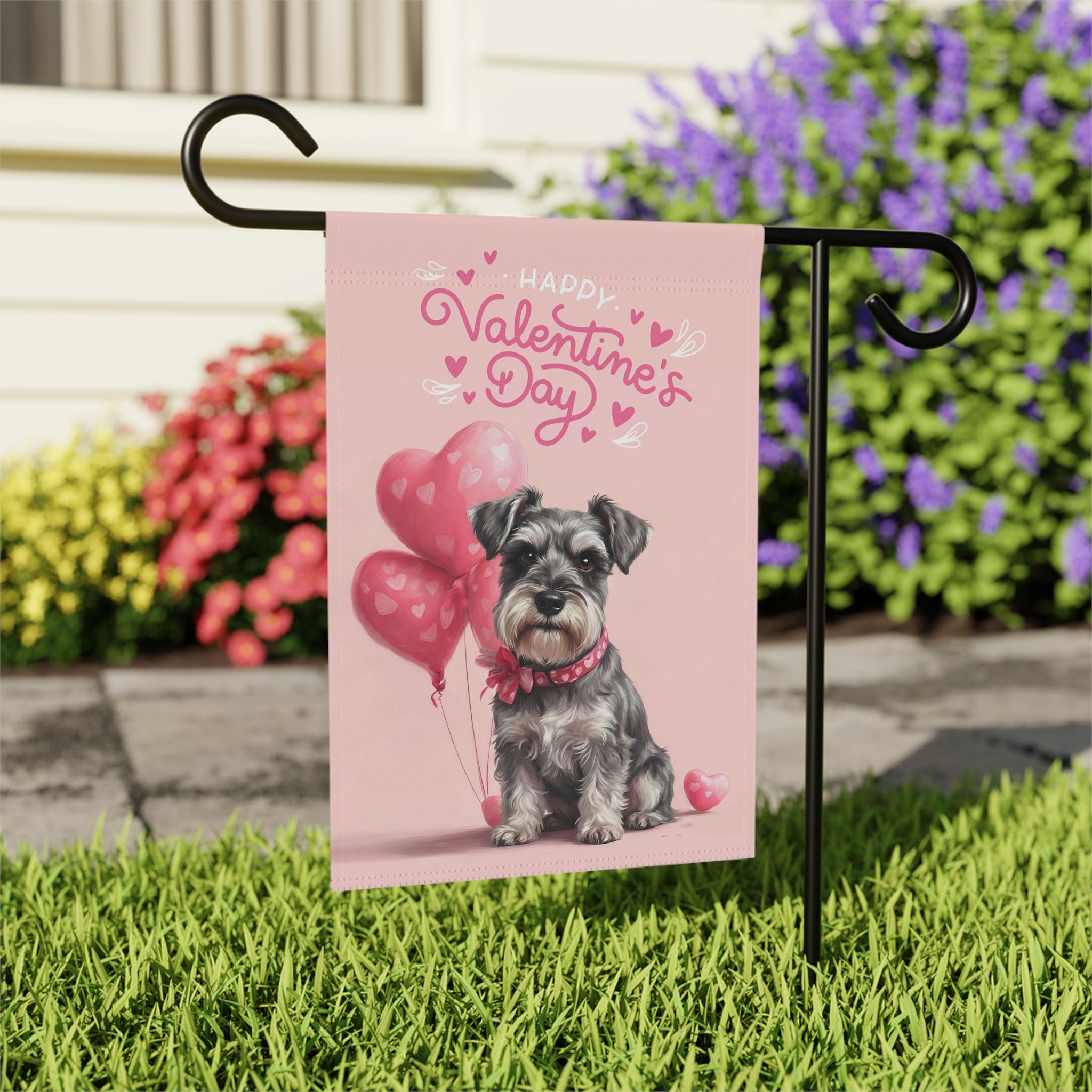 Schnauzer Happy Valentine's Day Garden Flag, Dog Heart House Banner
