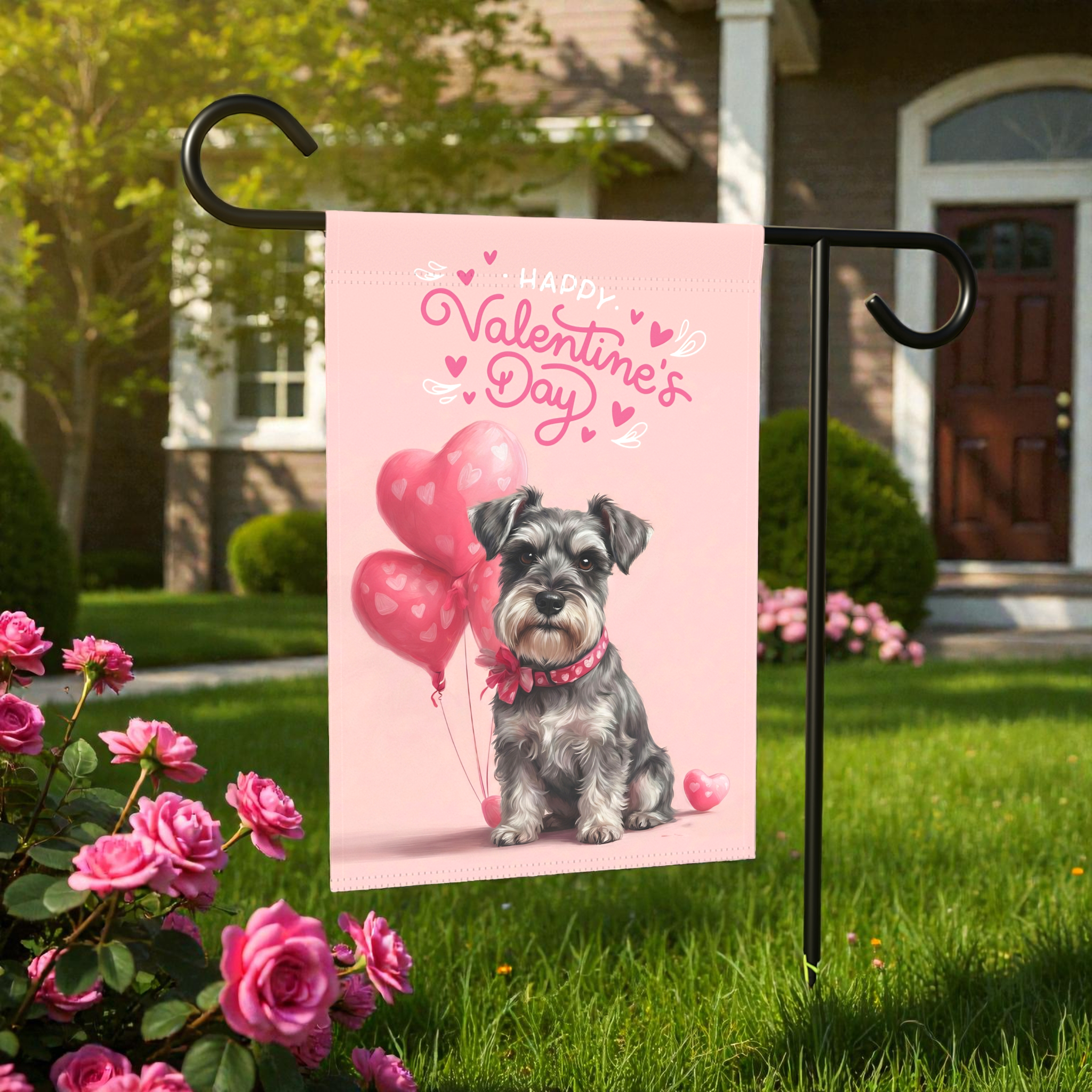 Schnauzer Happy Valentine's Day Garden Flag, Dog Heart House Banner