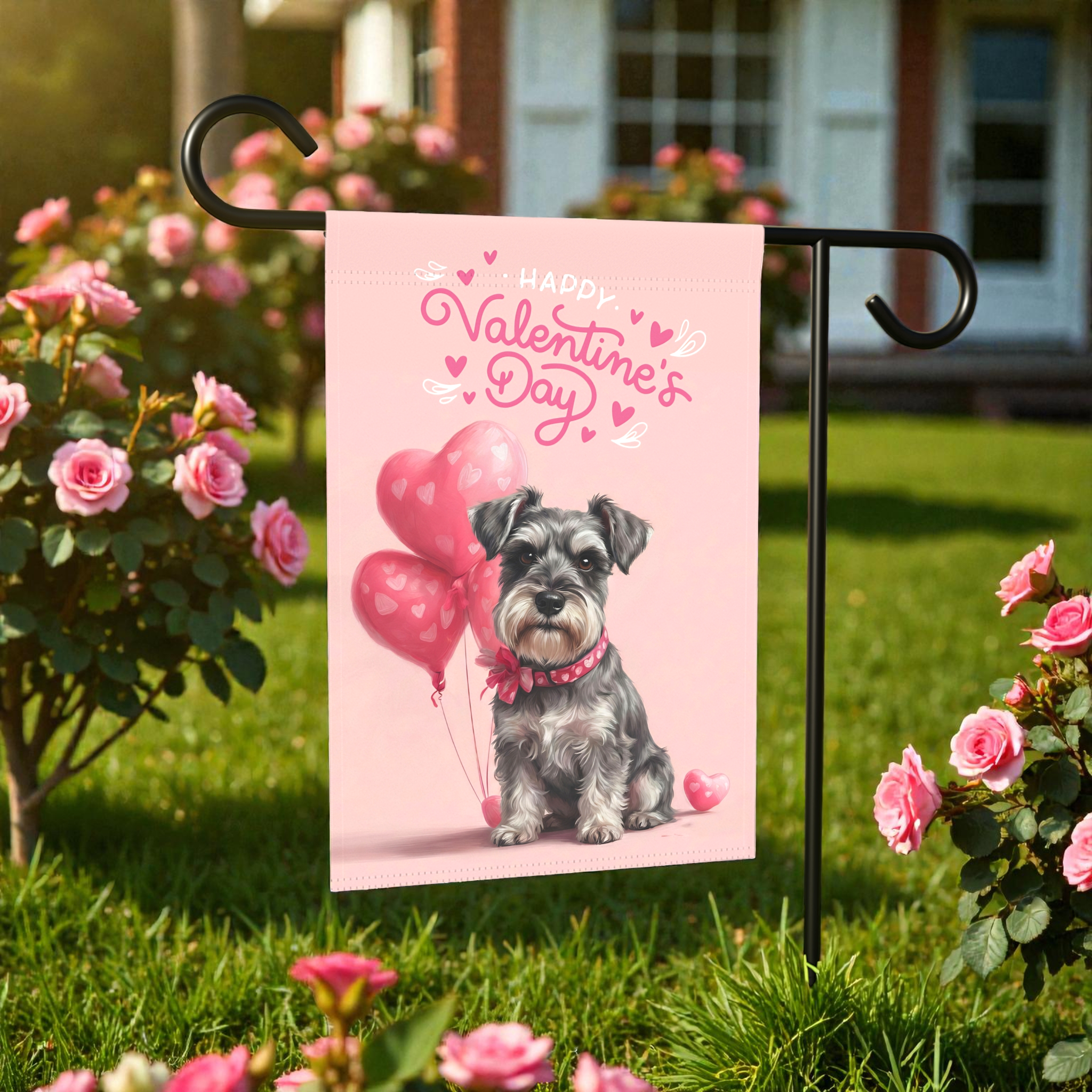 Schnauzer Happy Valentine's Day Garden Flag, Dog Heart House Banner