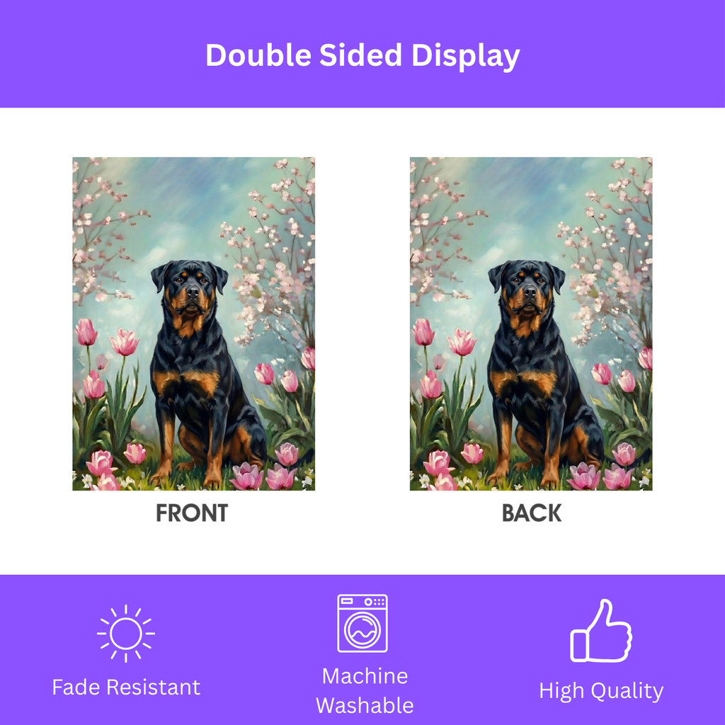 Rottweiler in the Tulips Spring Garden Flag - double-sided design - Dragonfire Gardens