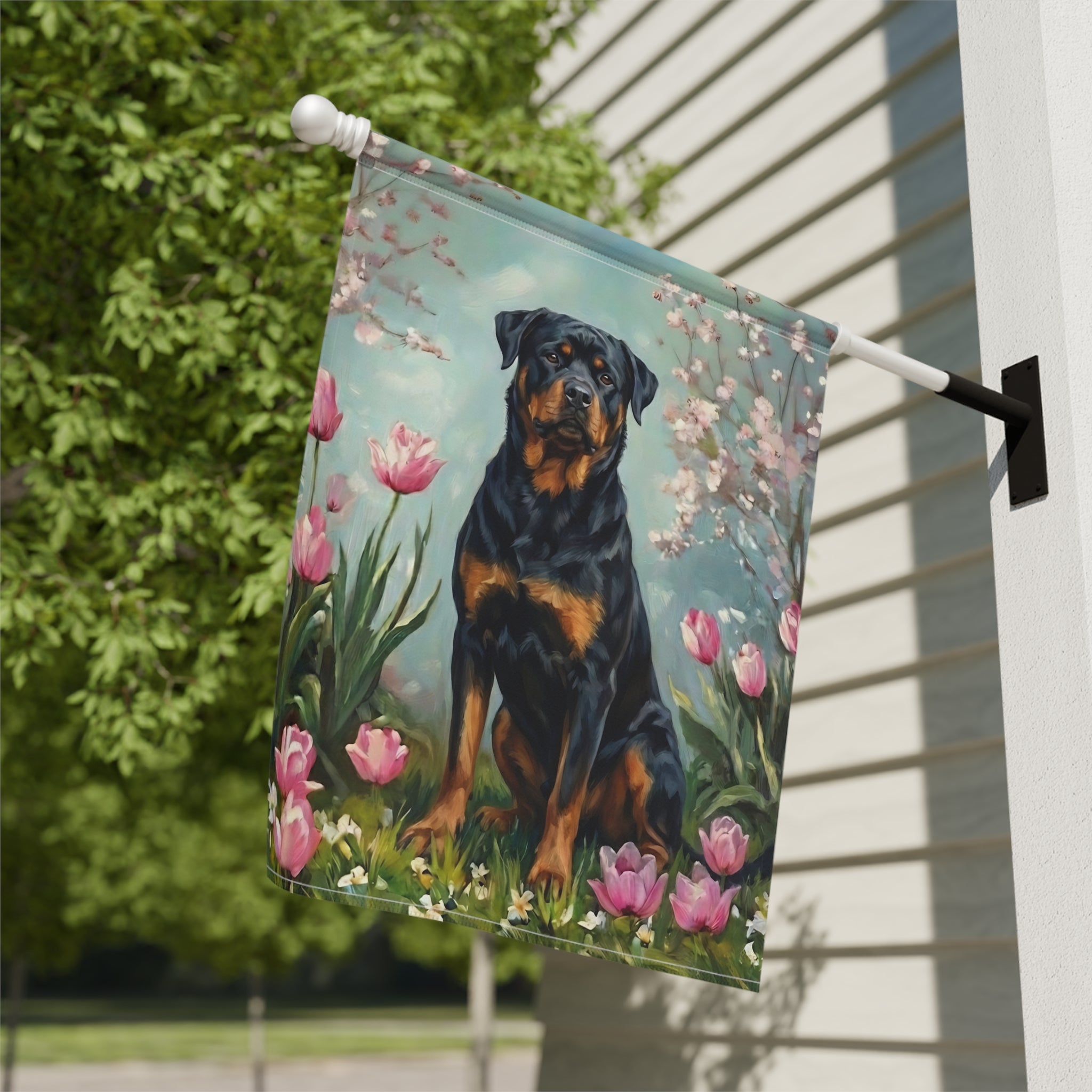Rottweiler in the Tulips Spring Garden Flag - close-up detail - Dragonfire Gardens