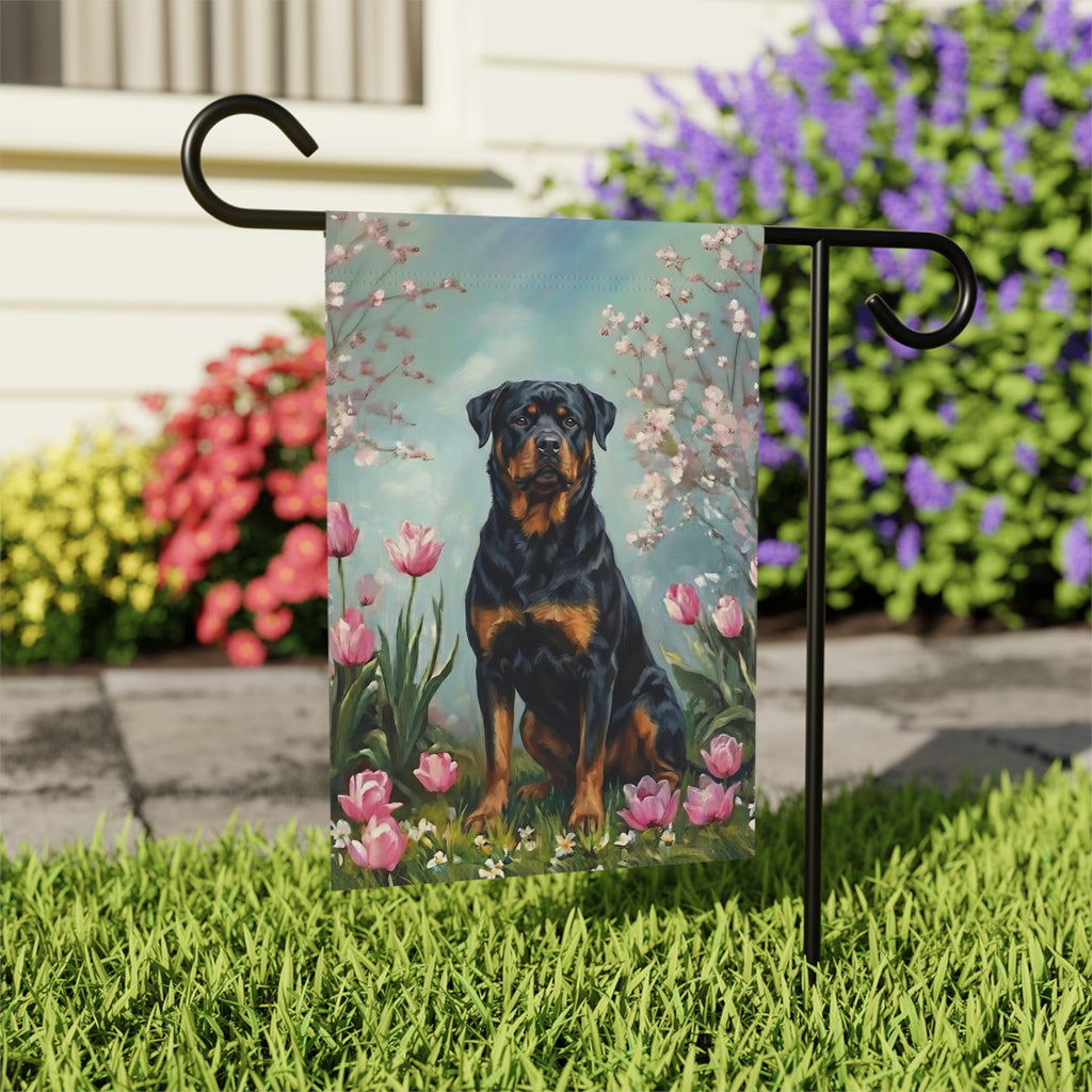 Rottweiler in the Tulips Spring Garden Flag - outdoor display - Dragonfire Gardens