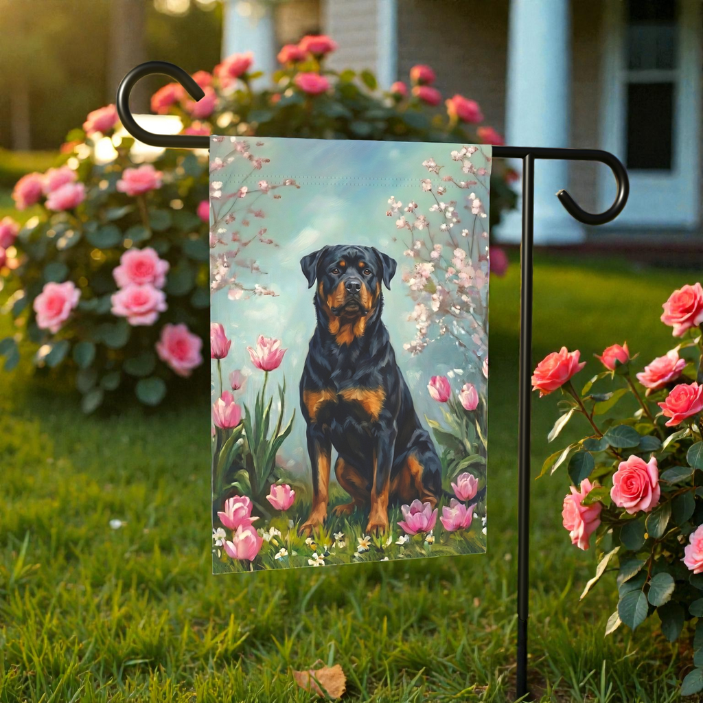 Rottweiler in the Tulips Spring Garden Flag - front view - Dragonfire Gardens
