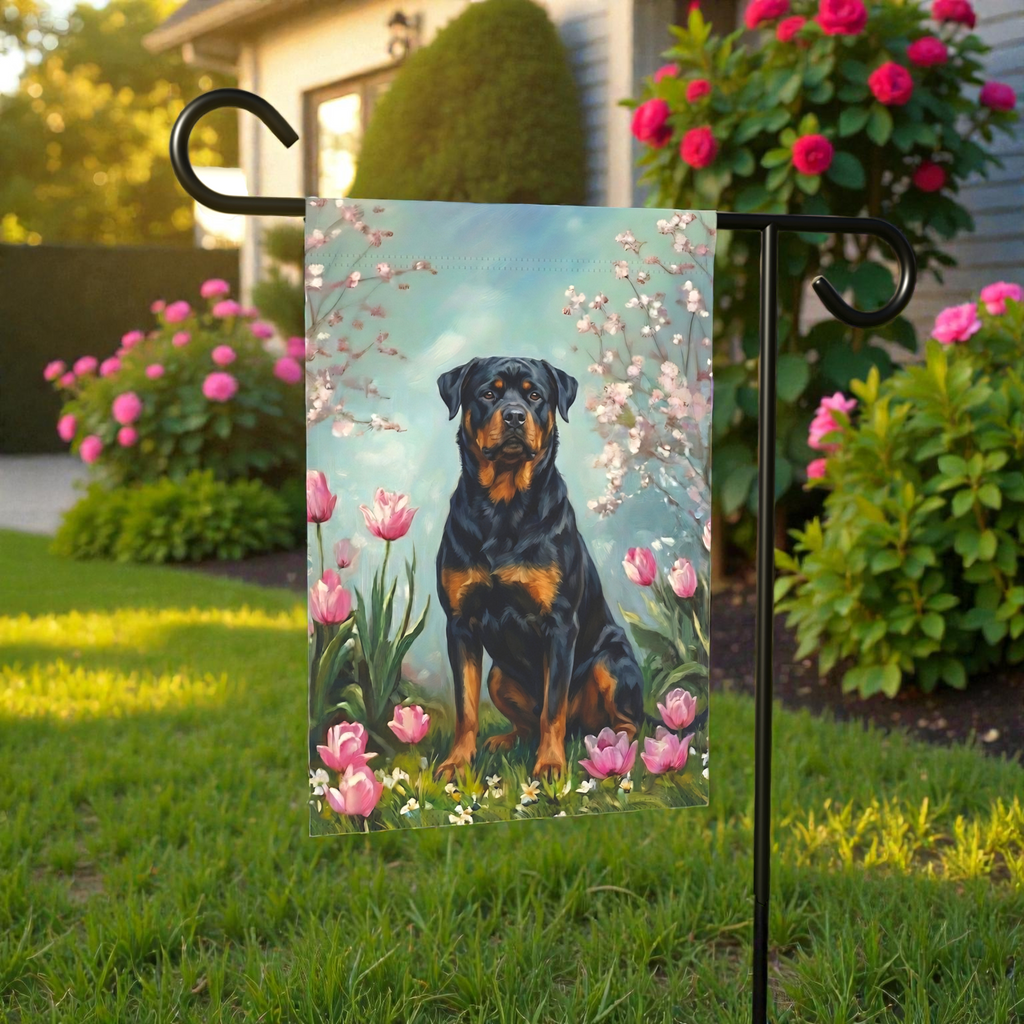 Rottweiler in the Tulips Spring Garden Flag - lifestyle display - Dragonfire Gardens
