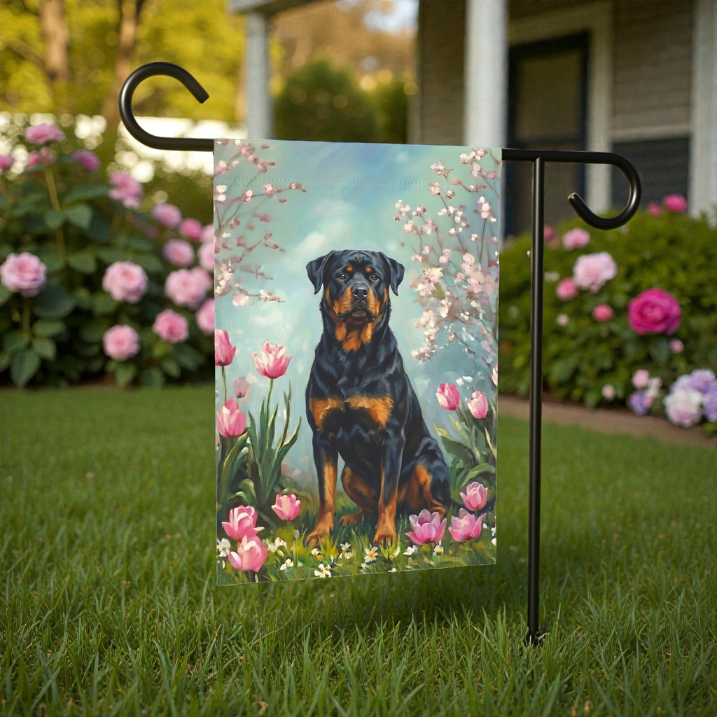 Rottweiler in the Tulips Spring Garden Flag - size comparison - Dragonfire Gardens