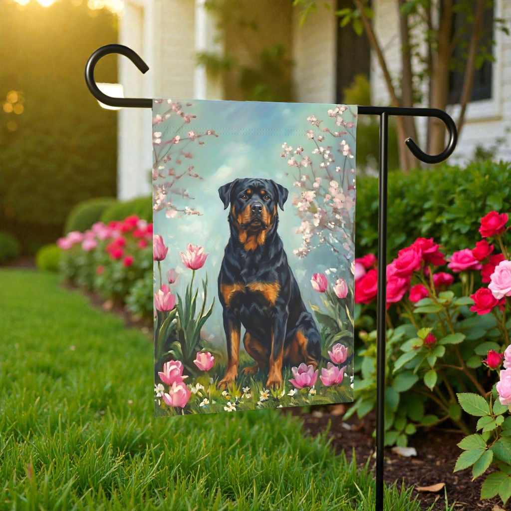Rottweiler in the Tulips Spring Garden Flag - product detail - Dragonfire Gardens