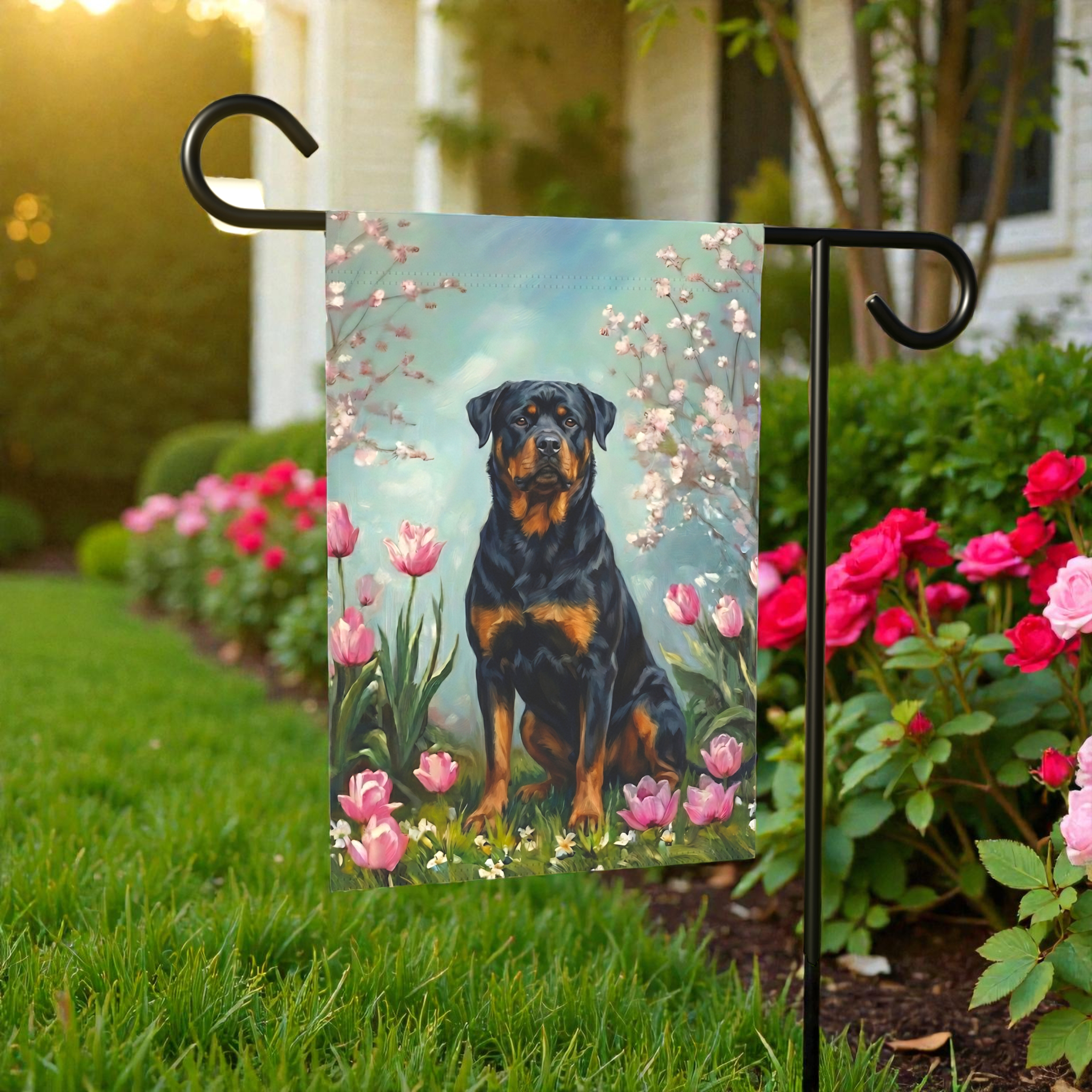 Rottweiler in the Tulips Spring Garden Flag - product detail - Dragonfire Gardens