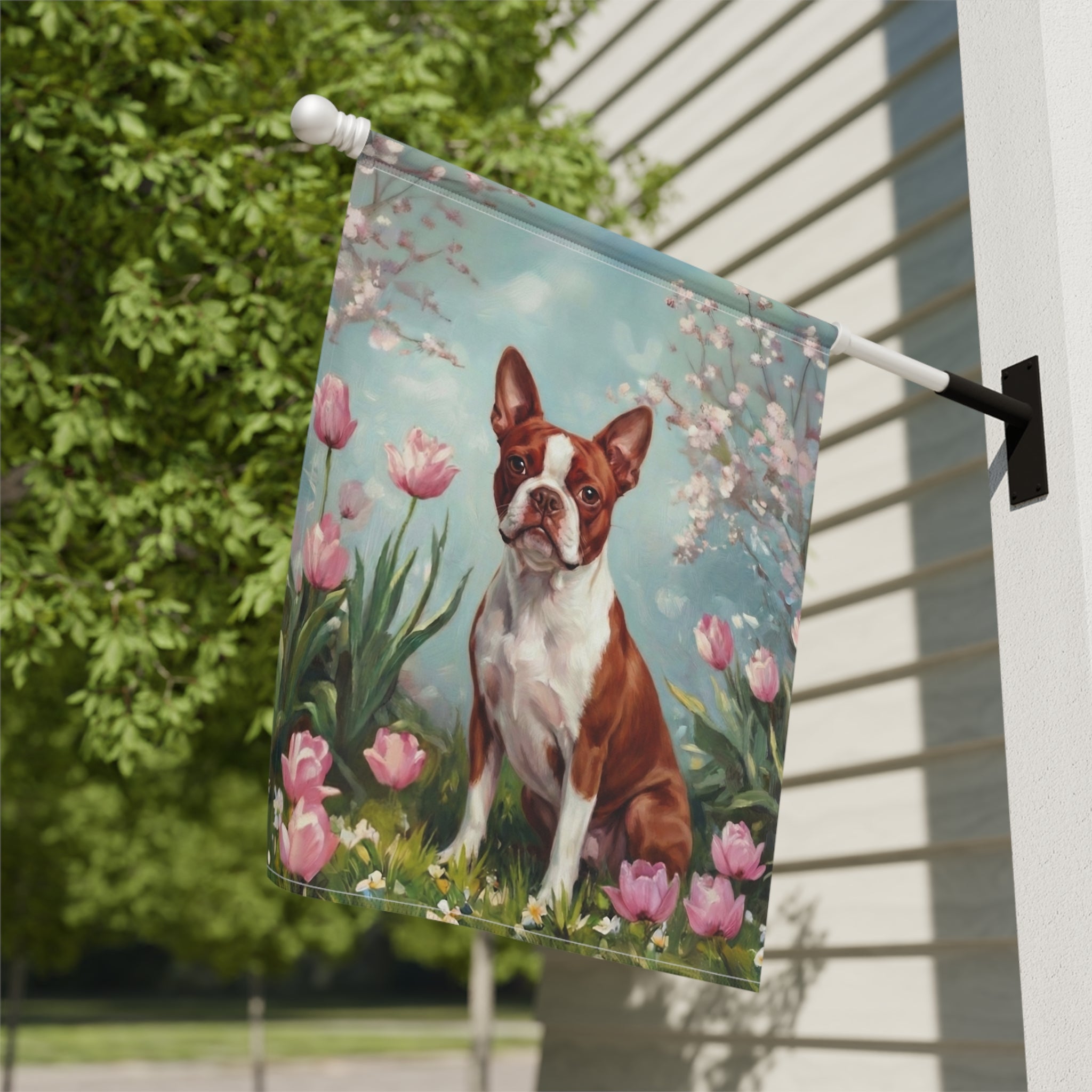 Red Boston Terrier in the Tulips Garden Flag - close-up detail - Dragonfire Gardens