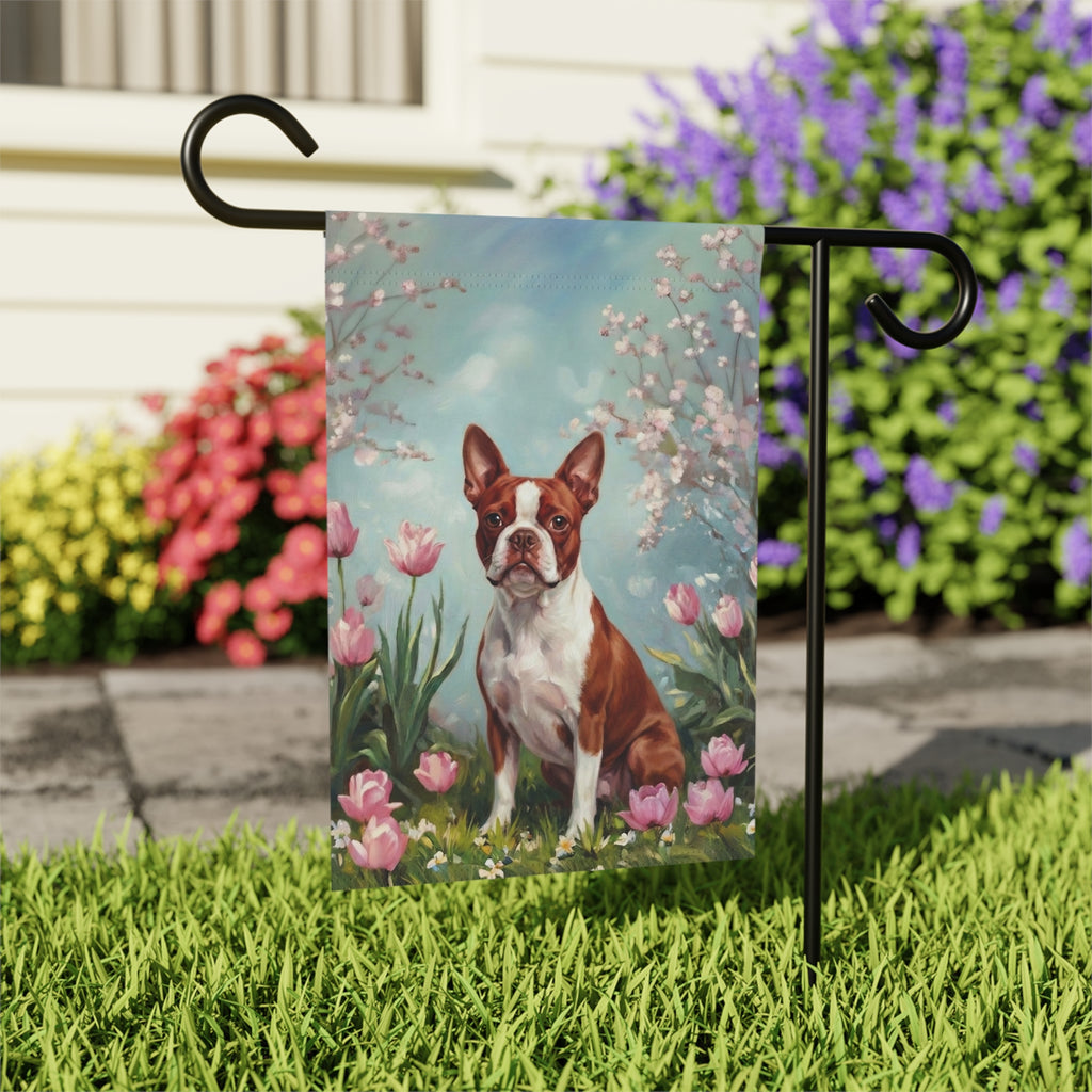 Red Boston Terrier in the Tulips Garden Flag - outdoor display - Dragonfire Gardens