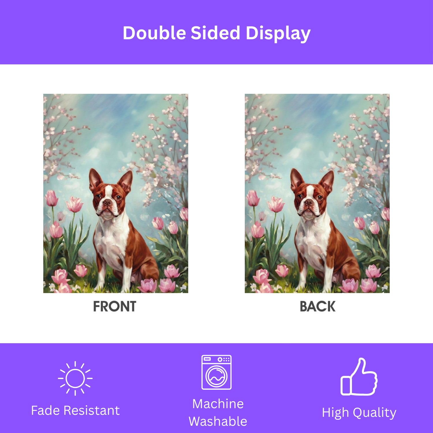 Red Boston Terrier in the Tulips Garden Flag - double-sided design - Dragonfire Gardens