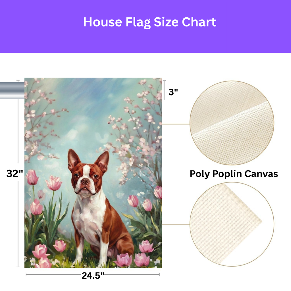 Red Boston Terrier in the Tulips Garden Flag - yard display - Dragonfire Gardens