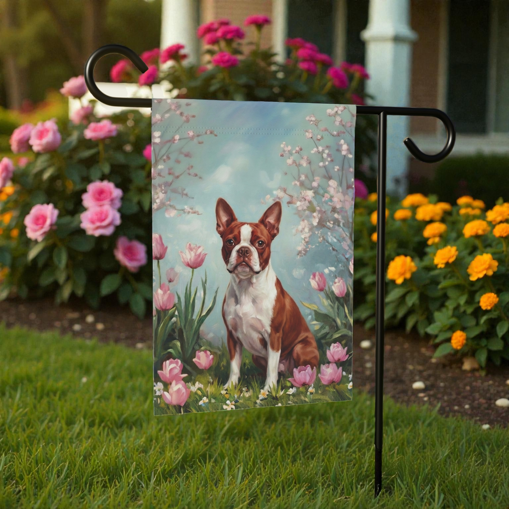 Red Boston Terrier in the Tulips Garden Flag - front view - Dragonfire Gardens