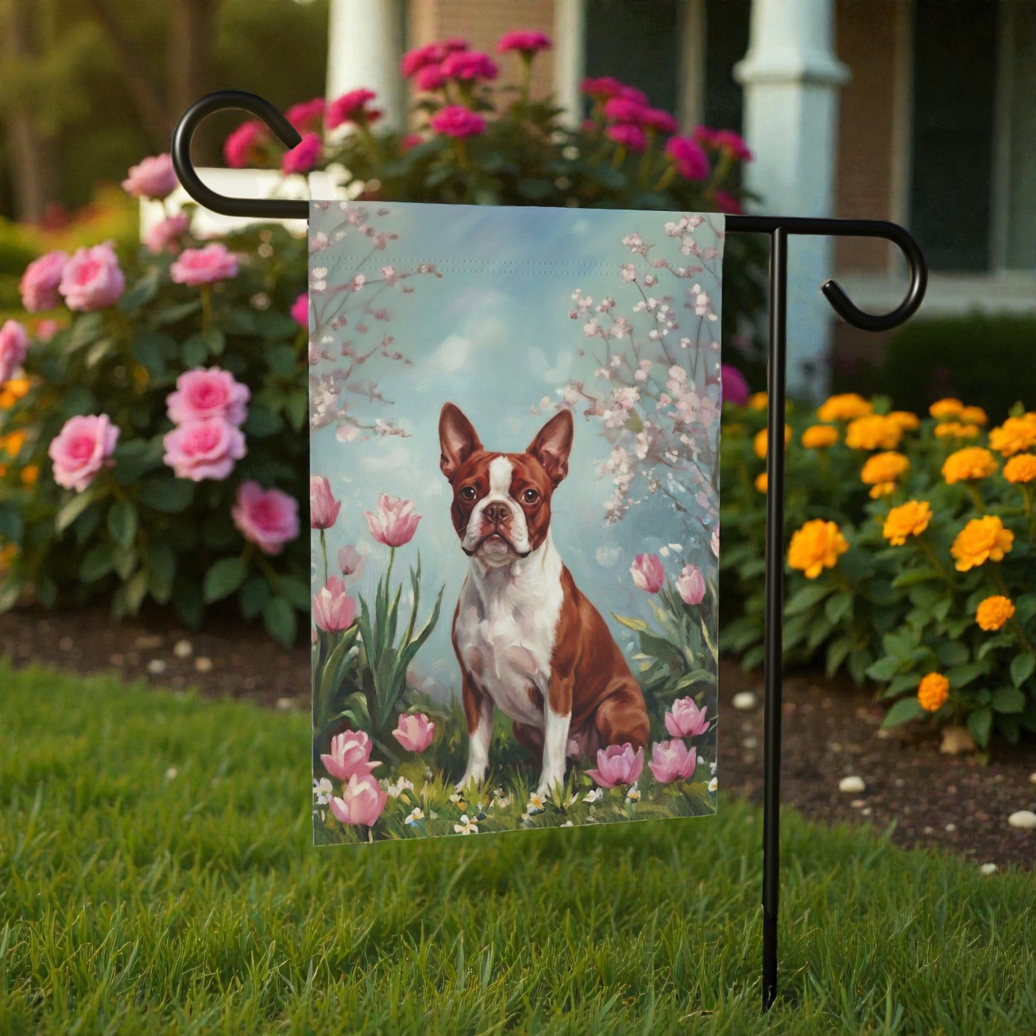 Red Boston Terrier in the Tulips Garden Flag - front view - Dragonfire Gardens