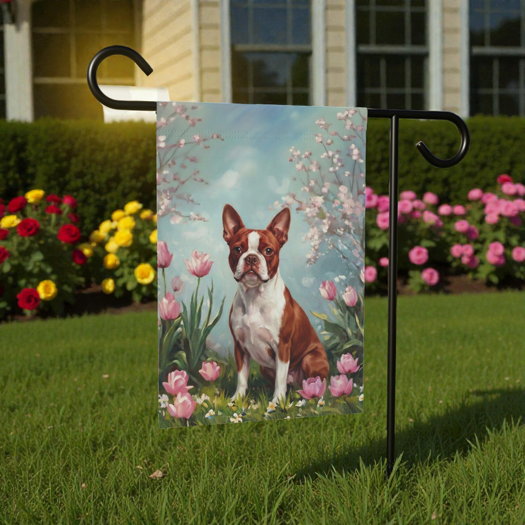 Red Boston Terrier in the Tulips Garden Flag - size comparison - Dragonfire Gardens