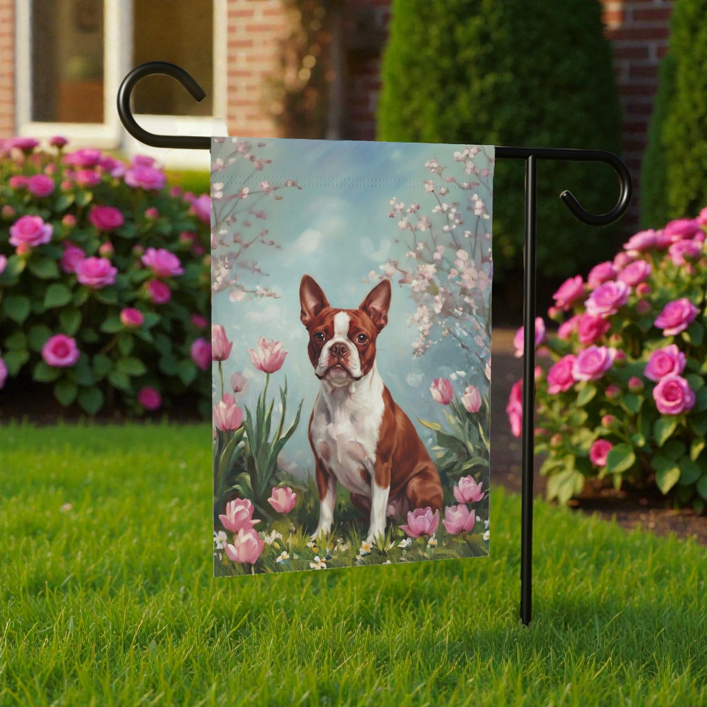 Red Boston Terrier in the Tulips Garden Flag - lifestyle display - Dragonfire Gardens