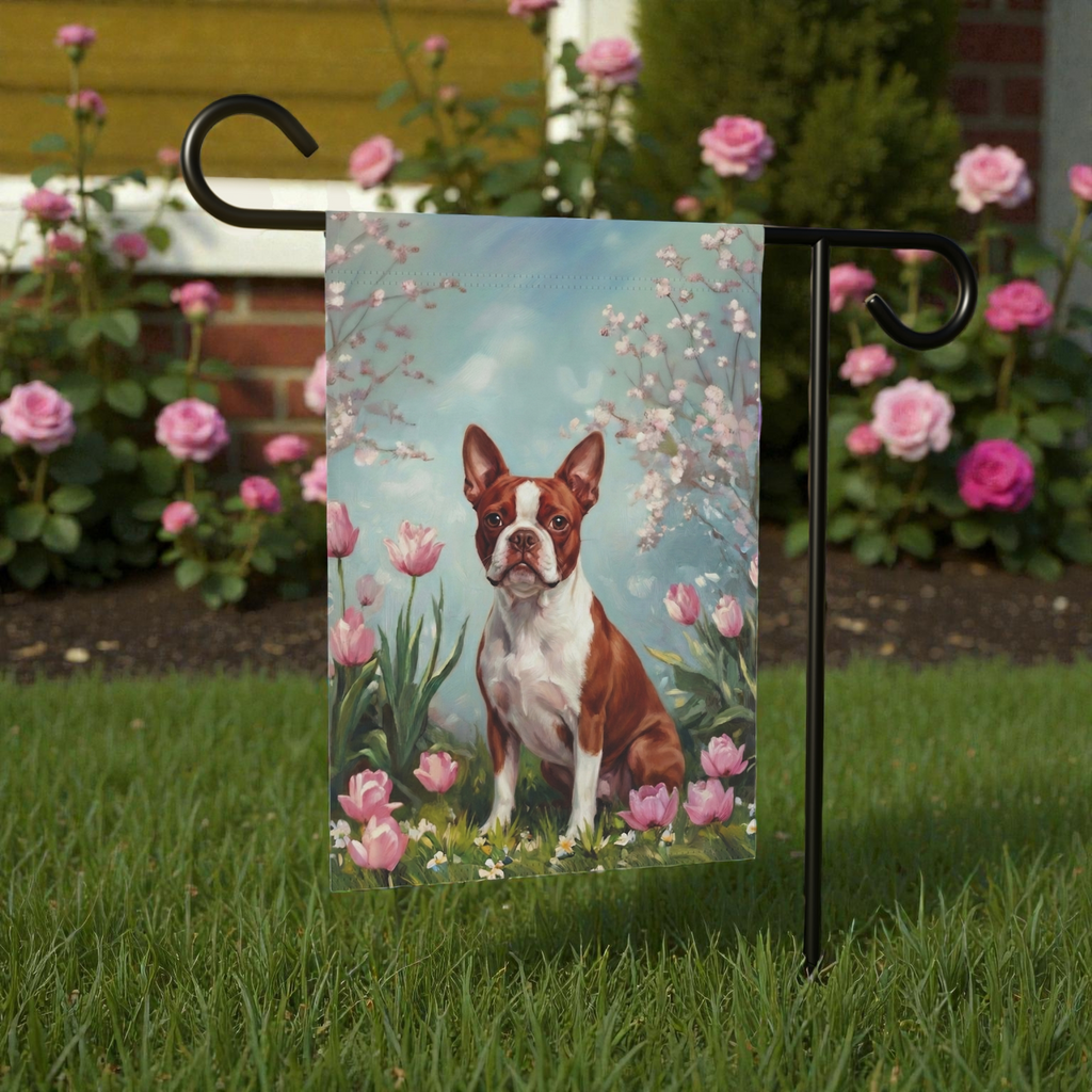 Red Boston Terrier in the Tulips Garden Flag - product detail - Dragonfire Gardens