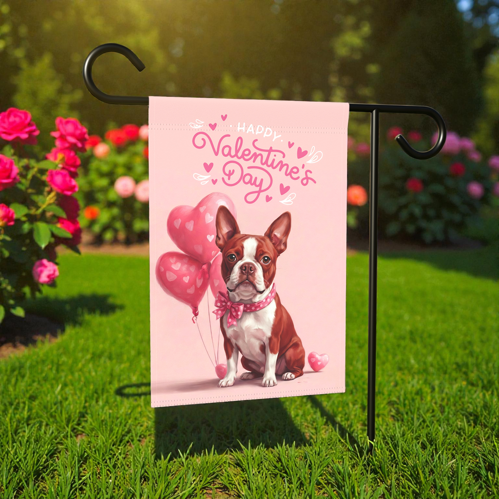 Red Boston Terrier Happy Valentine's Day Garden Flag