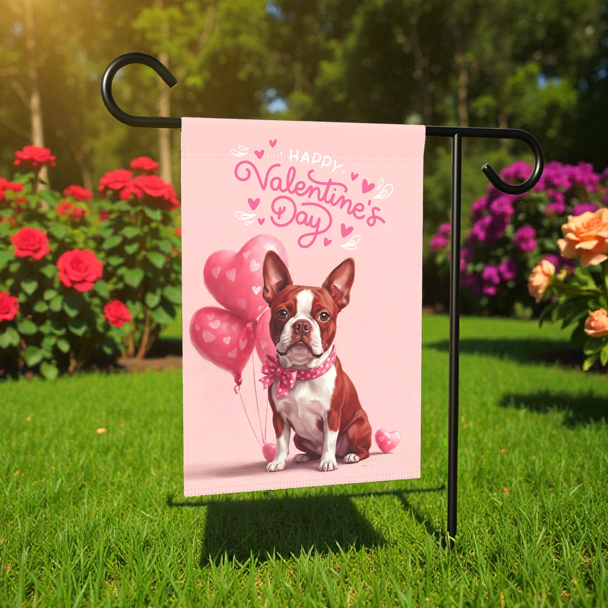 Red Boston Terrier Happy Valentine's Day Garden Flag