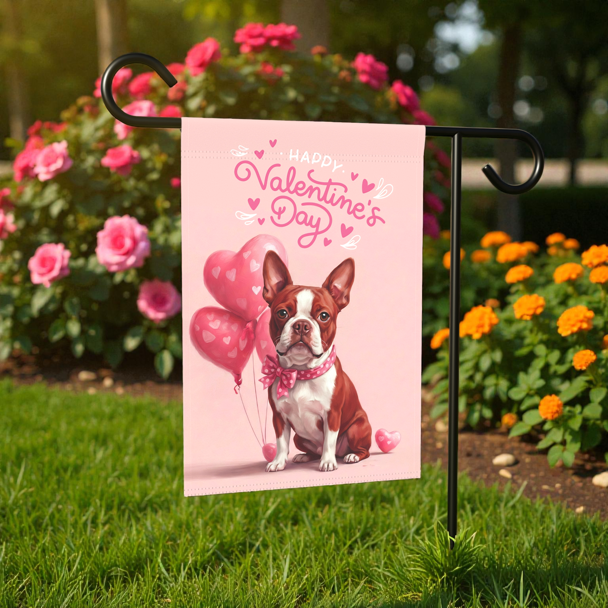 Red Boston Terrier Happy Valentine's Day Garden Flag