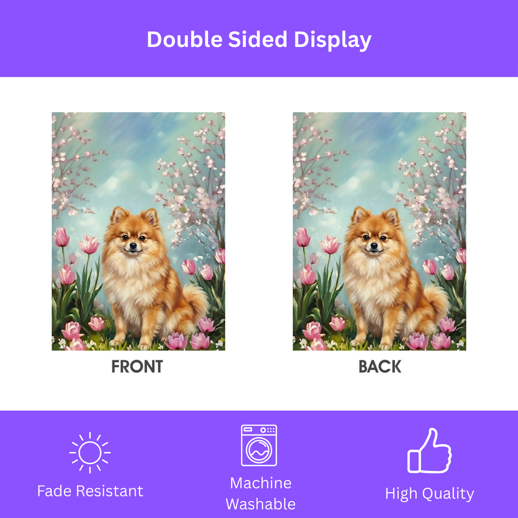 Pomeranian In the Tulips Spring Garden Flag - double-sided design - Dragonfire Gardens
