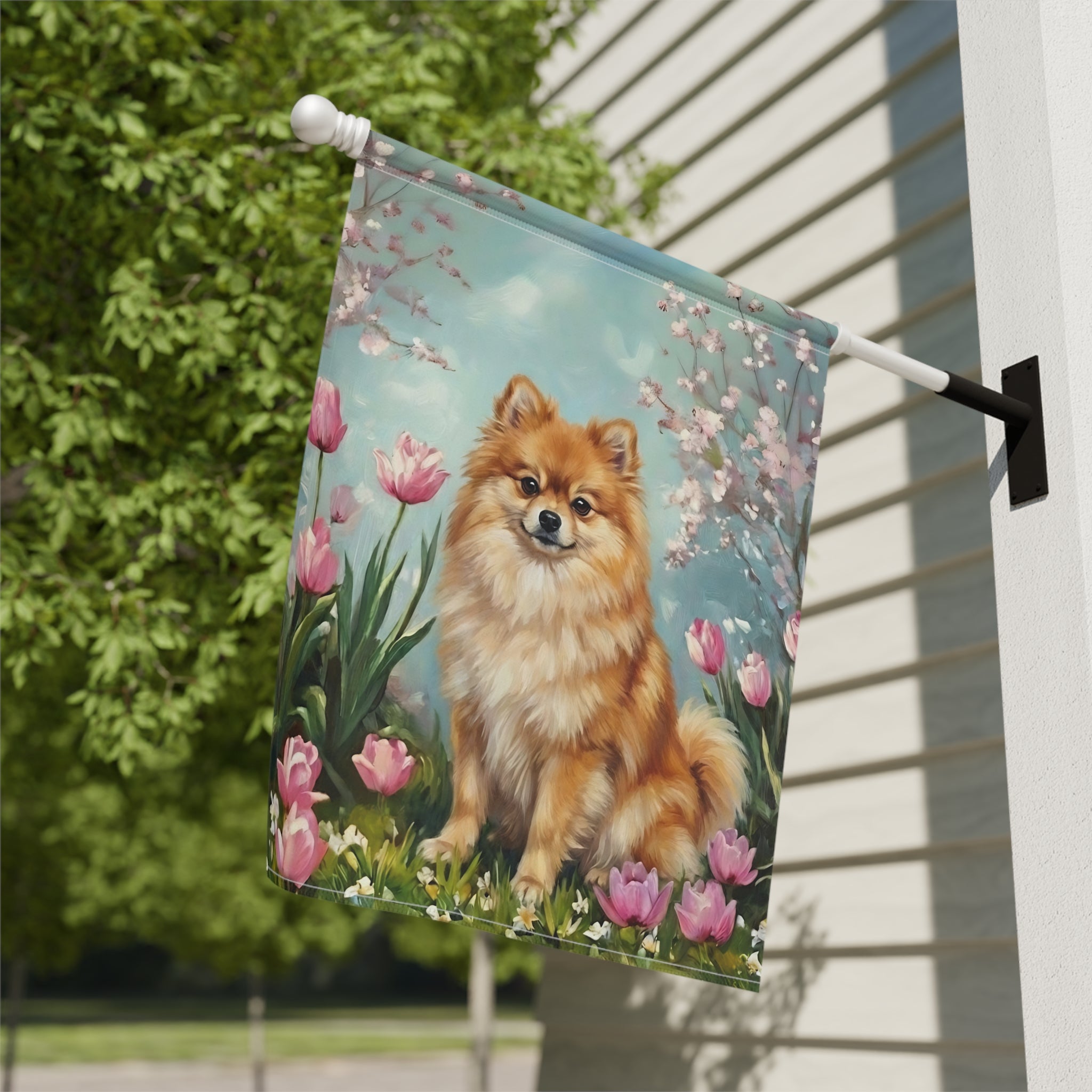 Pomeranian In the Tulips Spring Garden Flag - close-up detail - Dragonfire Gardens