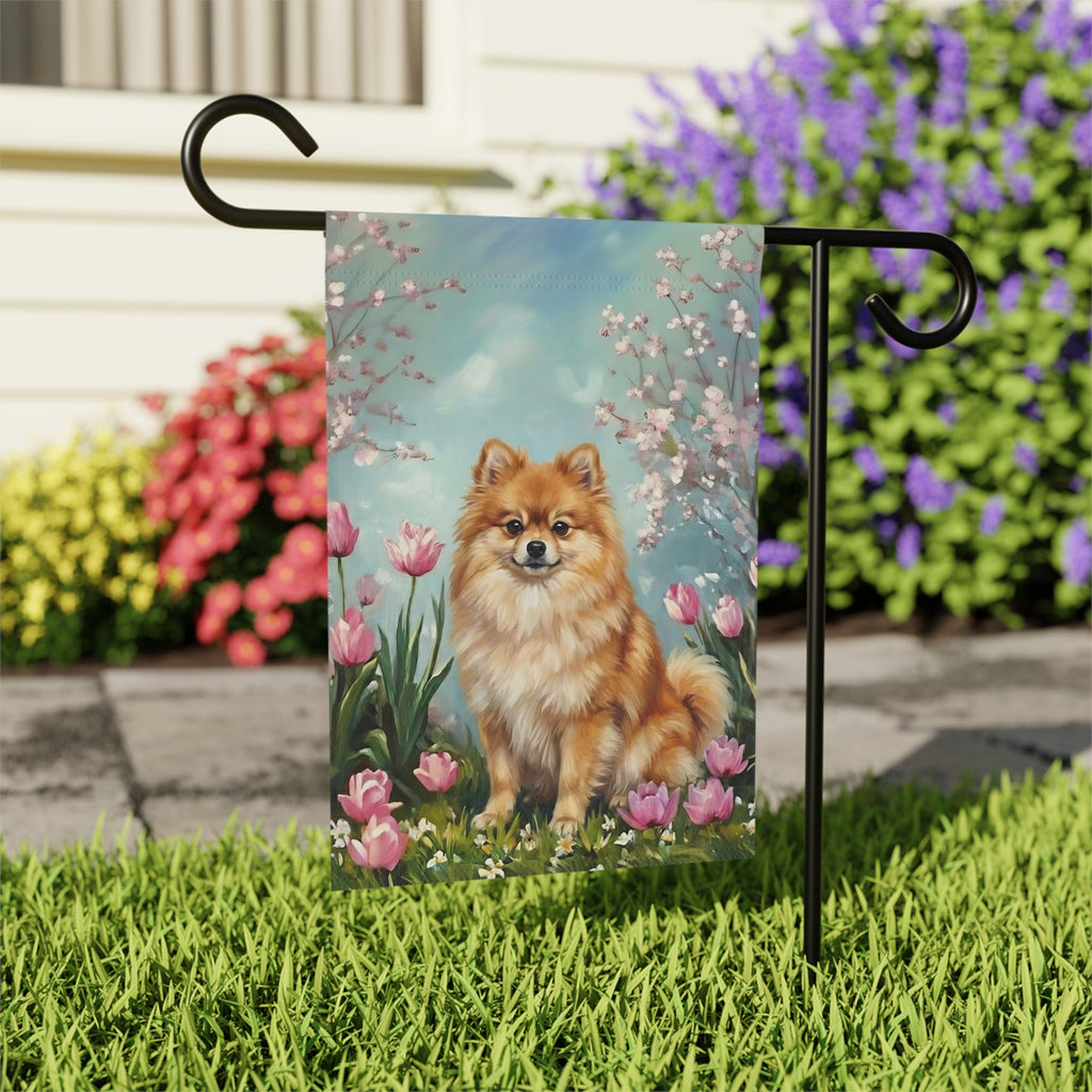 Pomeranian In the Tulips Spring Garden Flag - outdoor display - Dragonfire Gardens